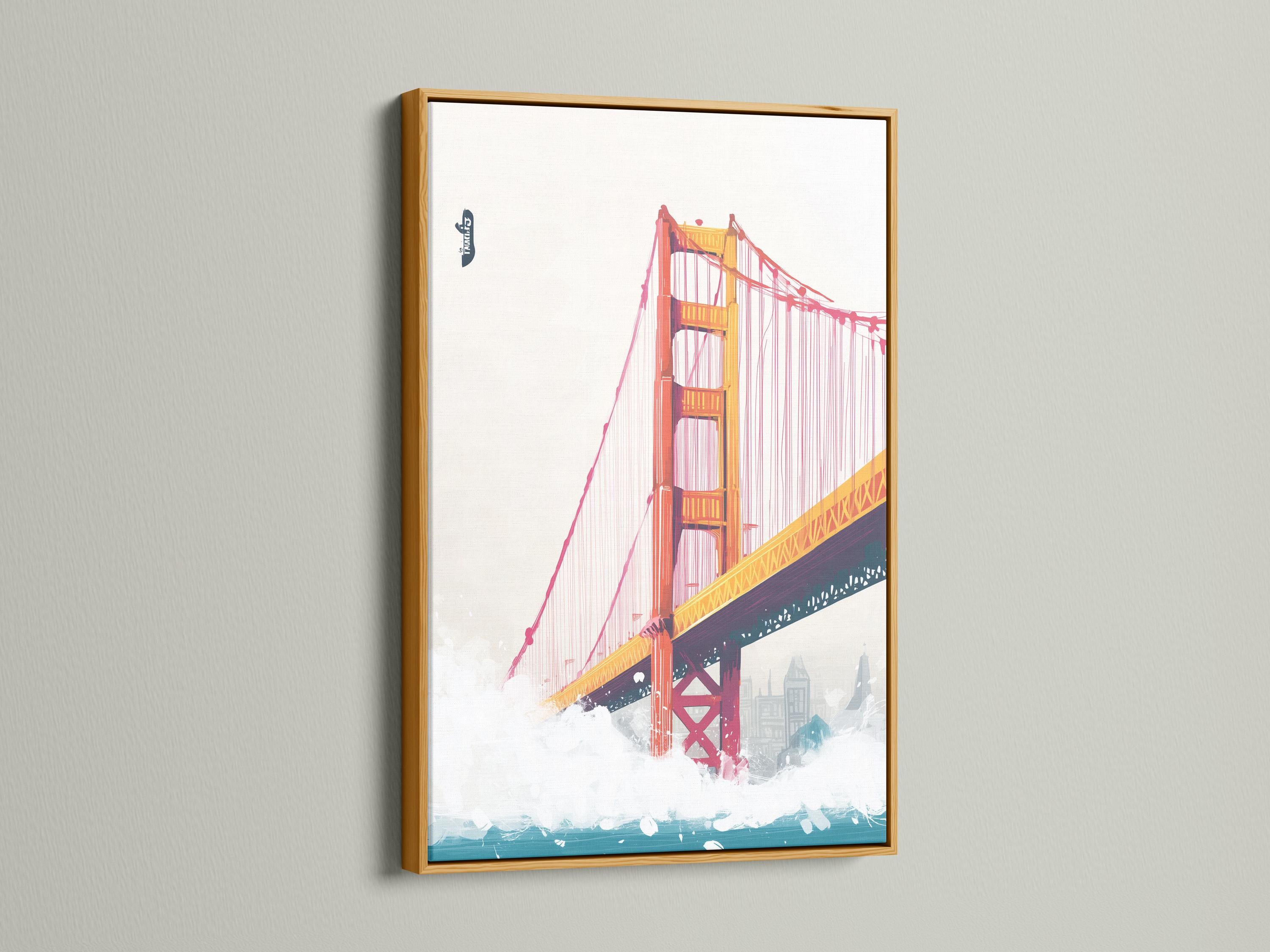 Stylised red and gold suspension bridge with teal water and faint skyline buildings detail view