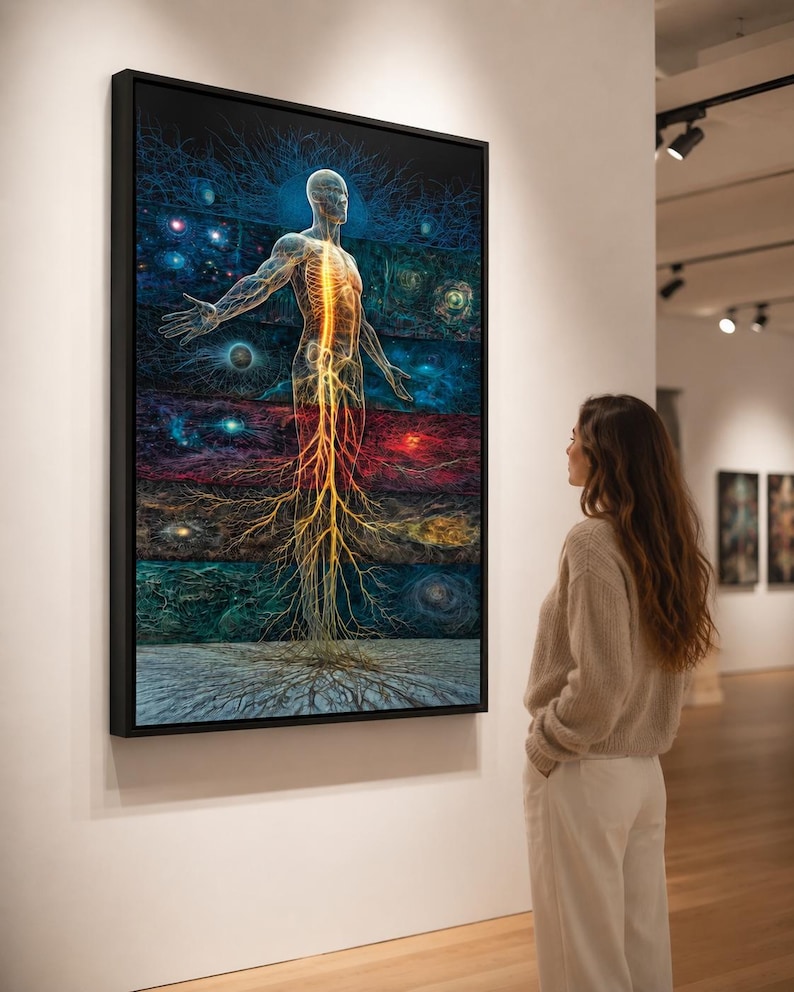 Glowing gold and orange energy outlines a human figure over layered blue, teal and red bands