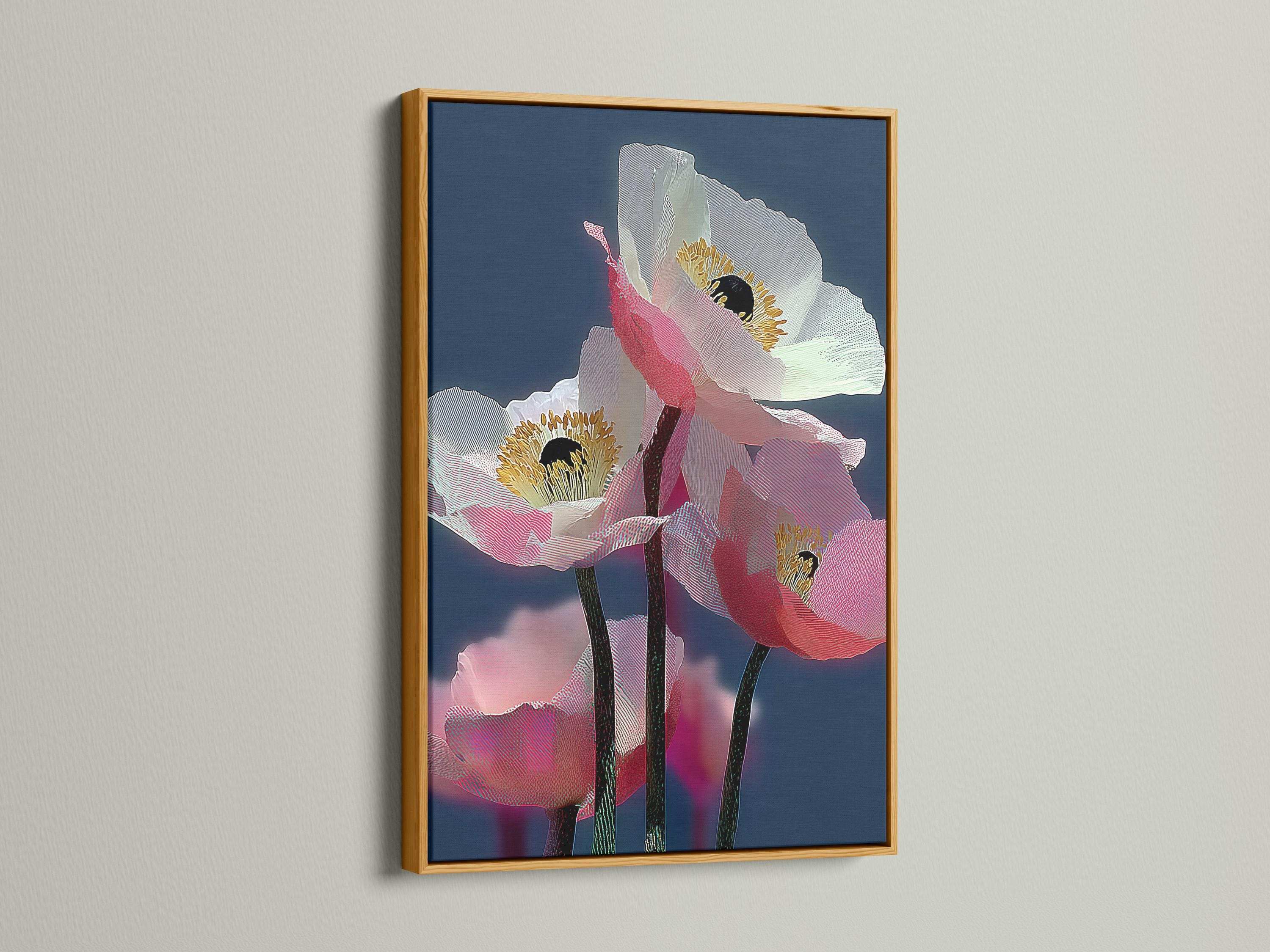 Room mockup showing a framed poppy flower artwork on a wall