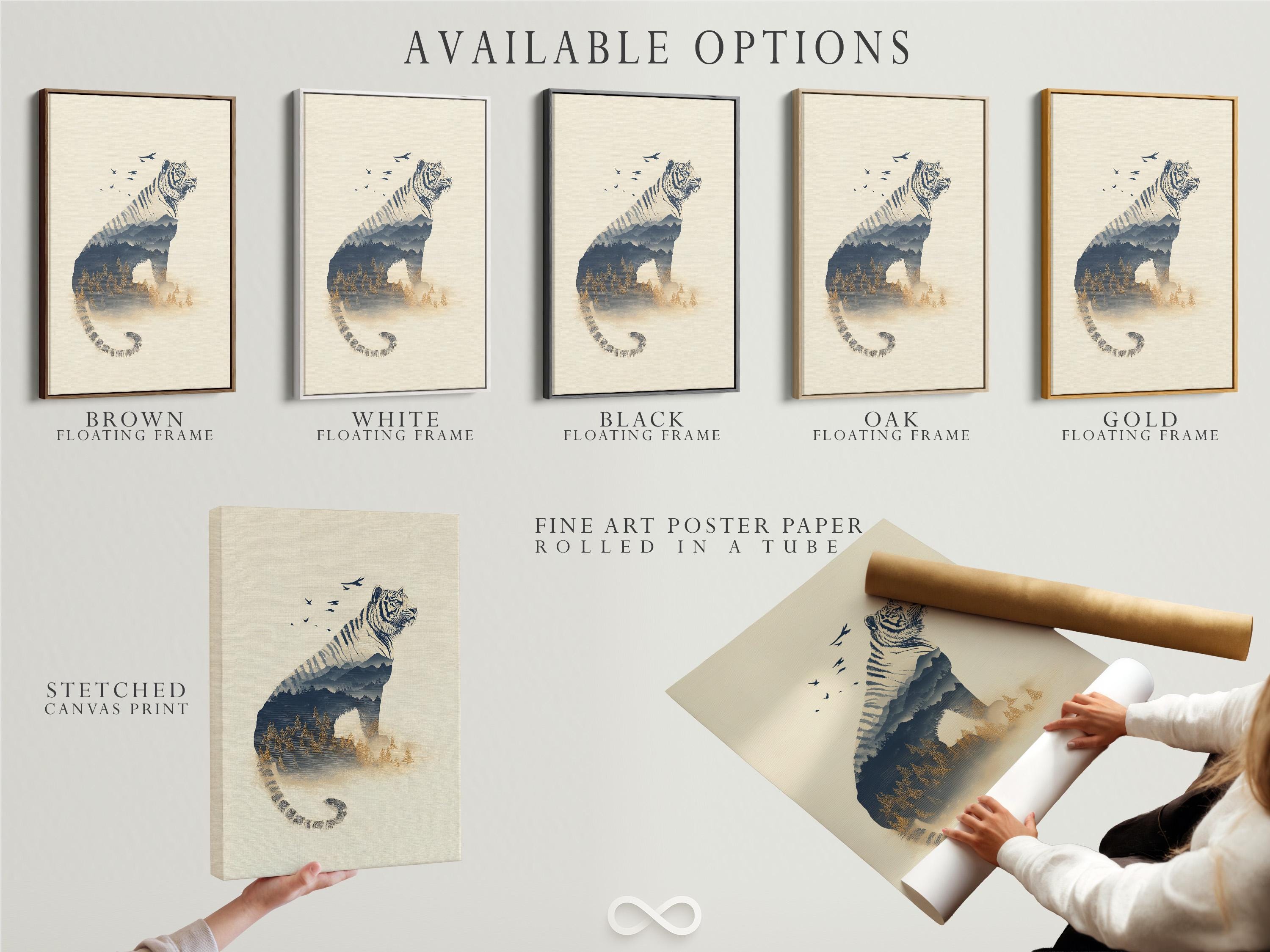 Tiger wall art mockup with double exposure forest layers and birds in flight