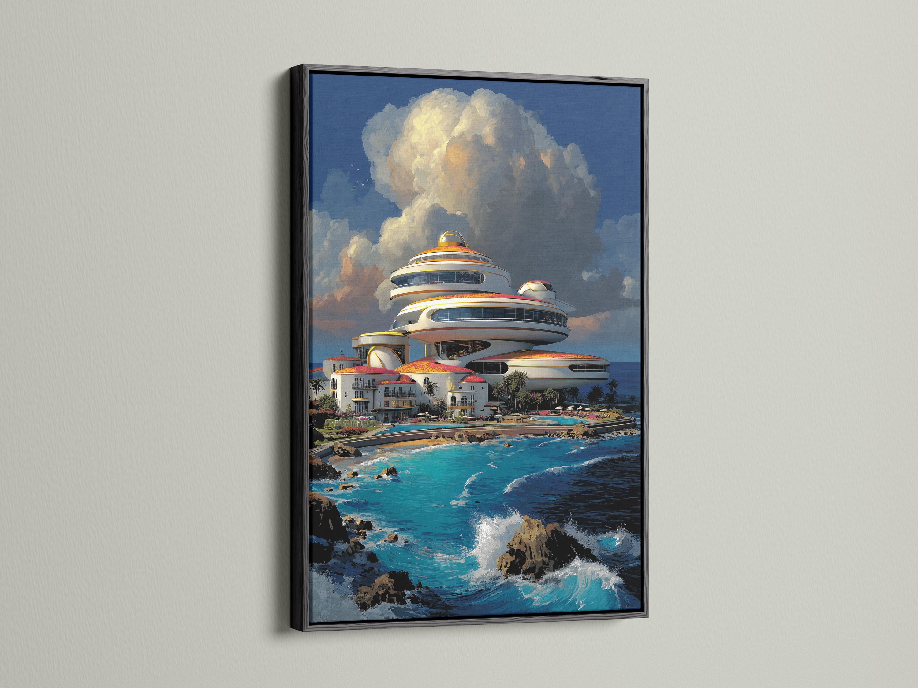 Futuristic cruise ship and coastal buildings above turquoise ocean waves with layered clouds detail view