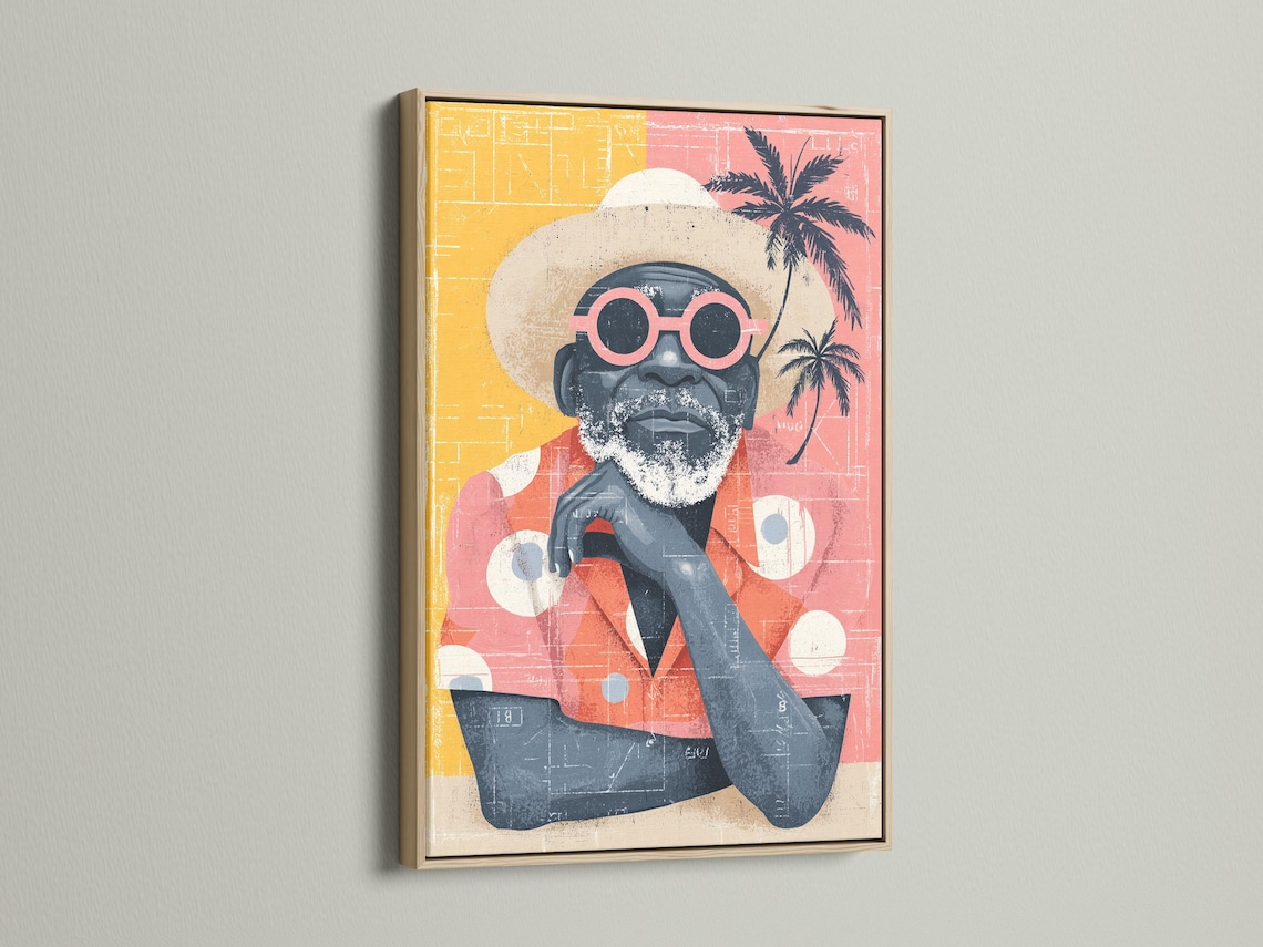Retro portrait of a bearded man wearing oversized red-framed sunglasses with palm tree silhouettes detail view