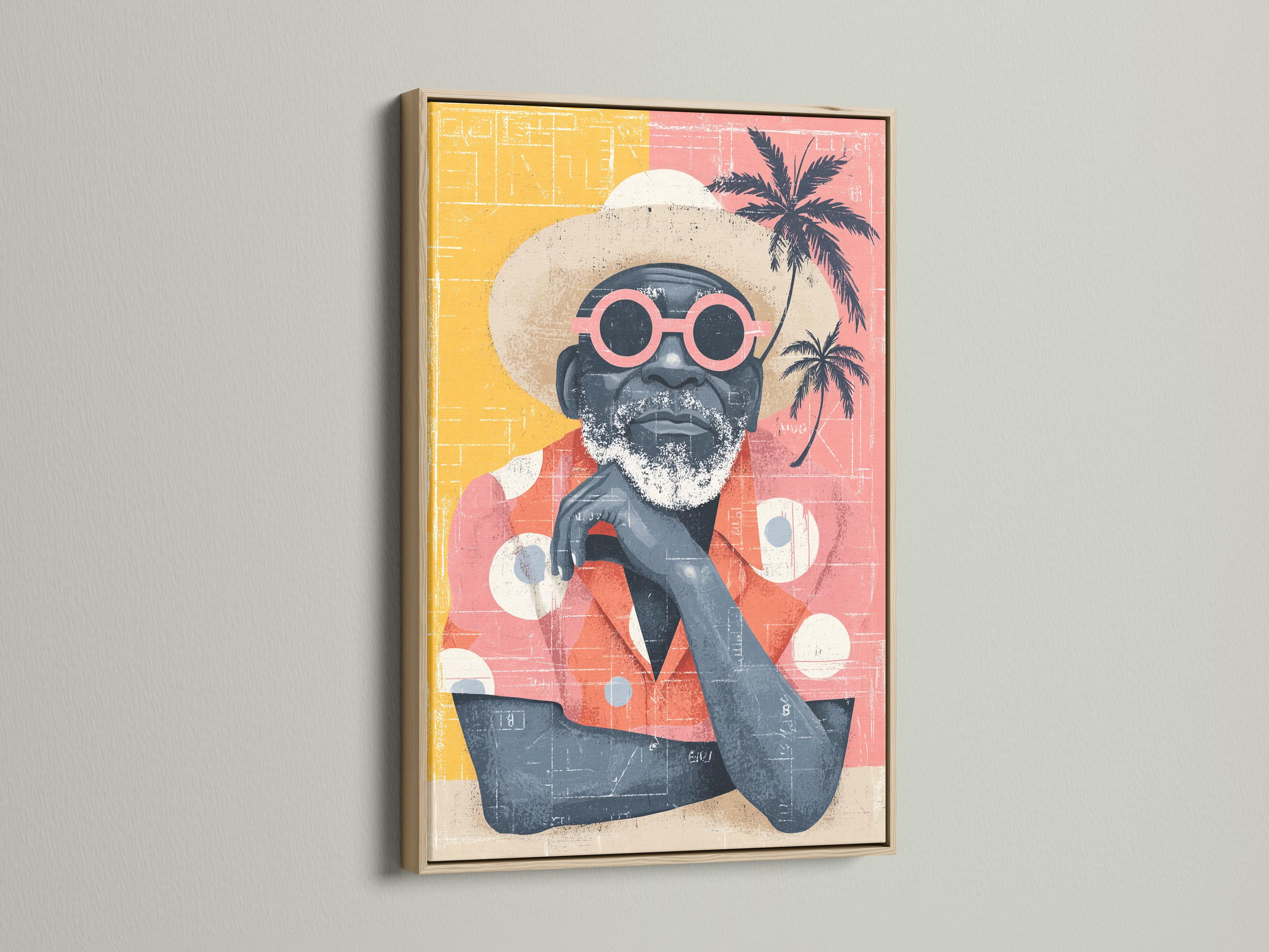 Retro portrait of a bearded man wearing oversized red-framed sunglasses with palm tree silhouettes detail view