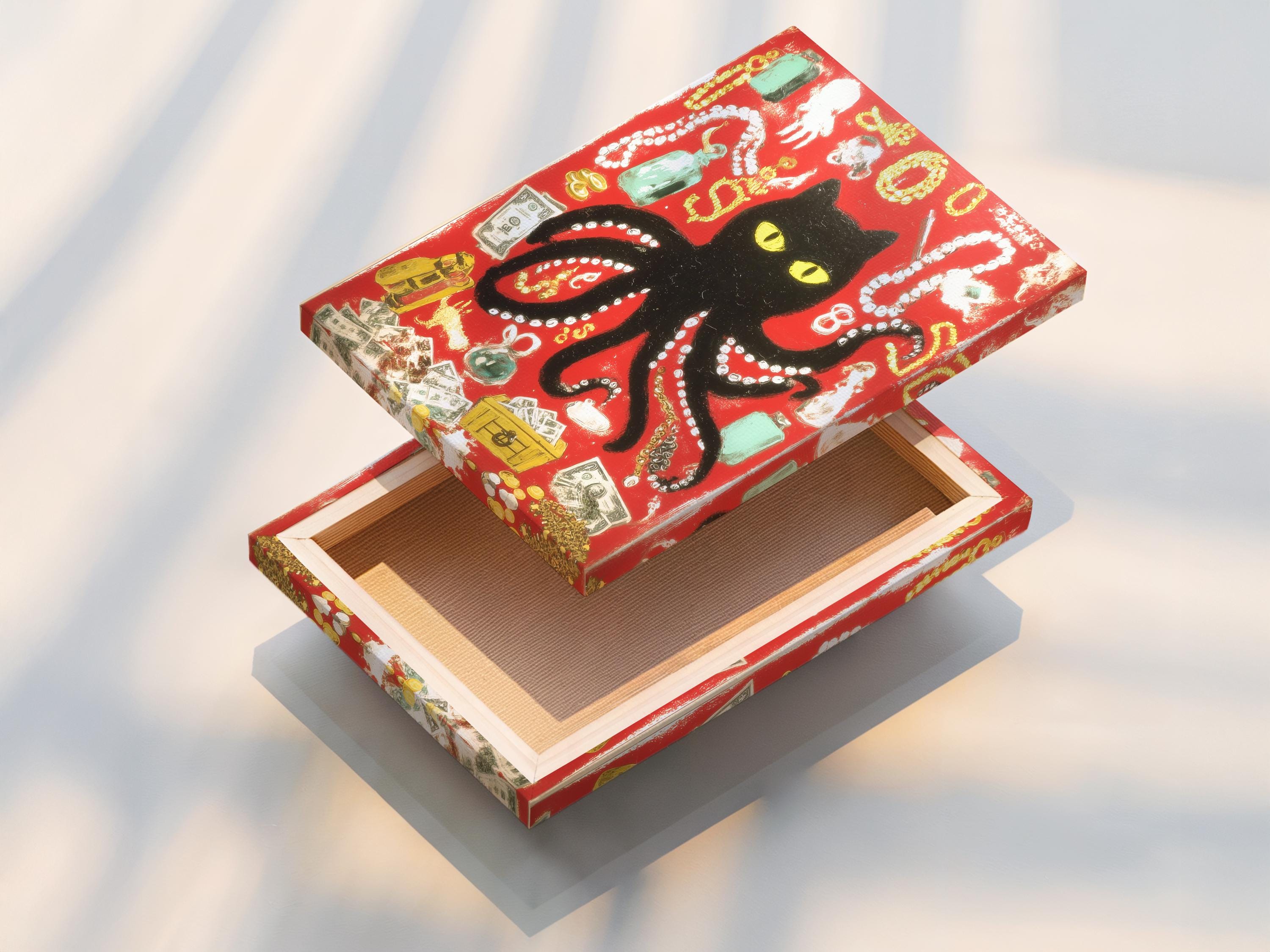 Black cat with yellow eyes in a red octopus-like animal collage with gold and bead-like details detail view