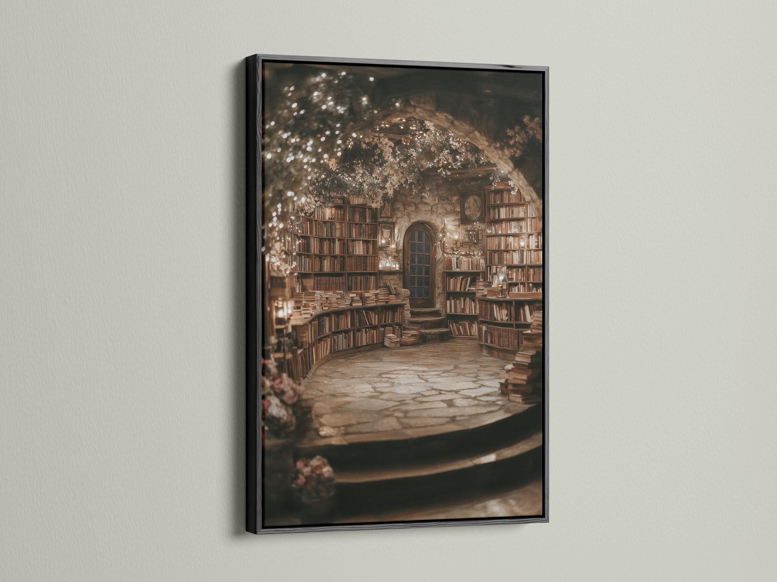Portrait view of a warmly lit vintage library interior with bookcases and golden sparkles detail view