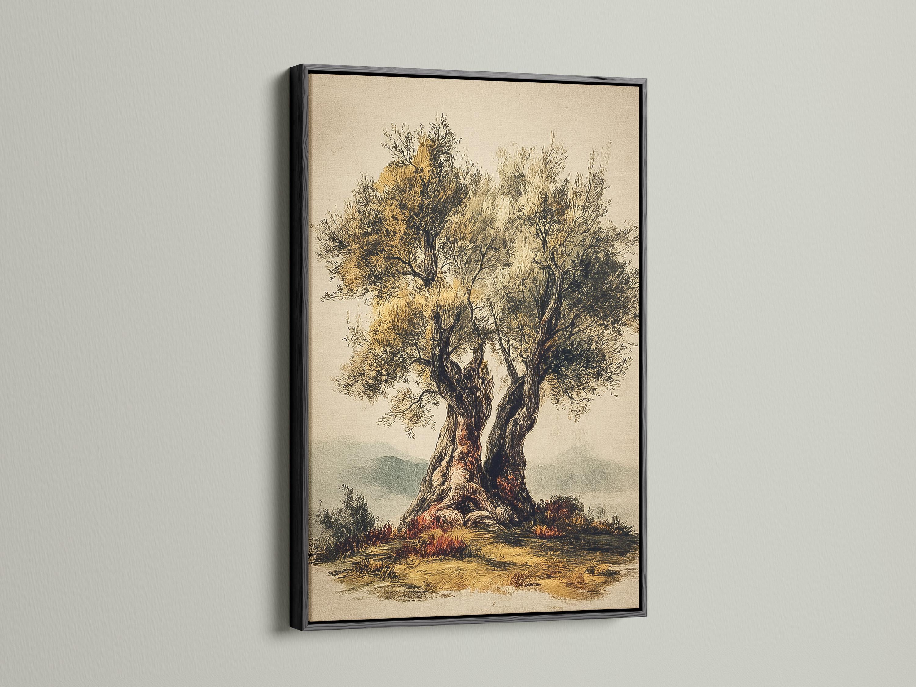 Vintage botanical tree illustration with a dark trunk, golden foliage and soft reflections detail view