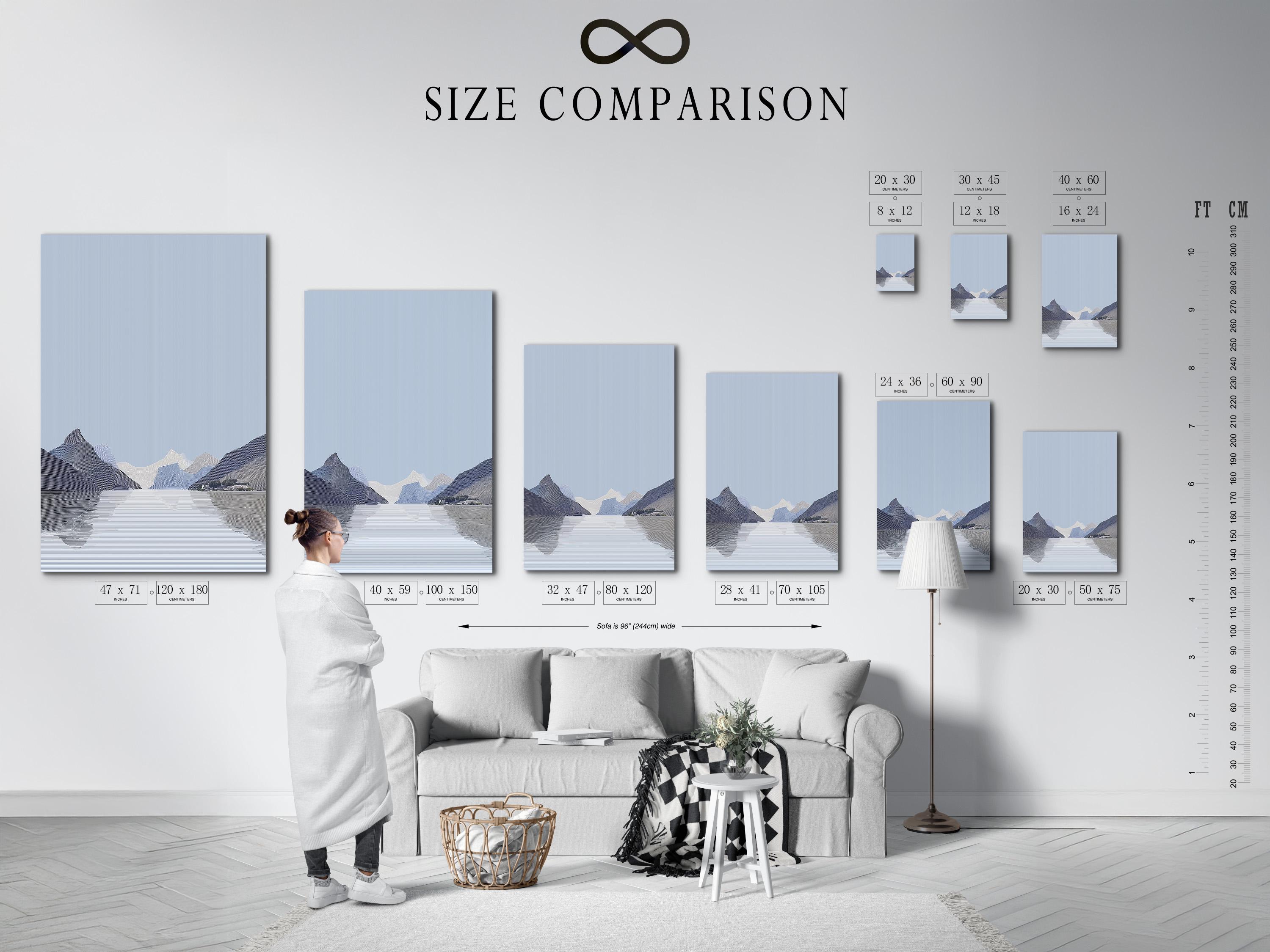 Person viewing an abstract mountain artwork in a modern room mockup