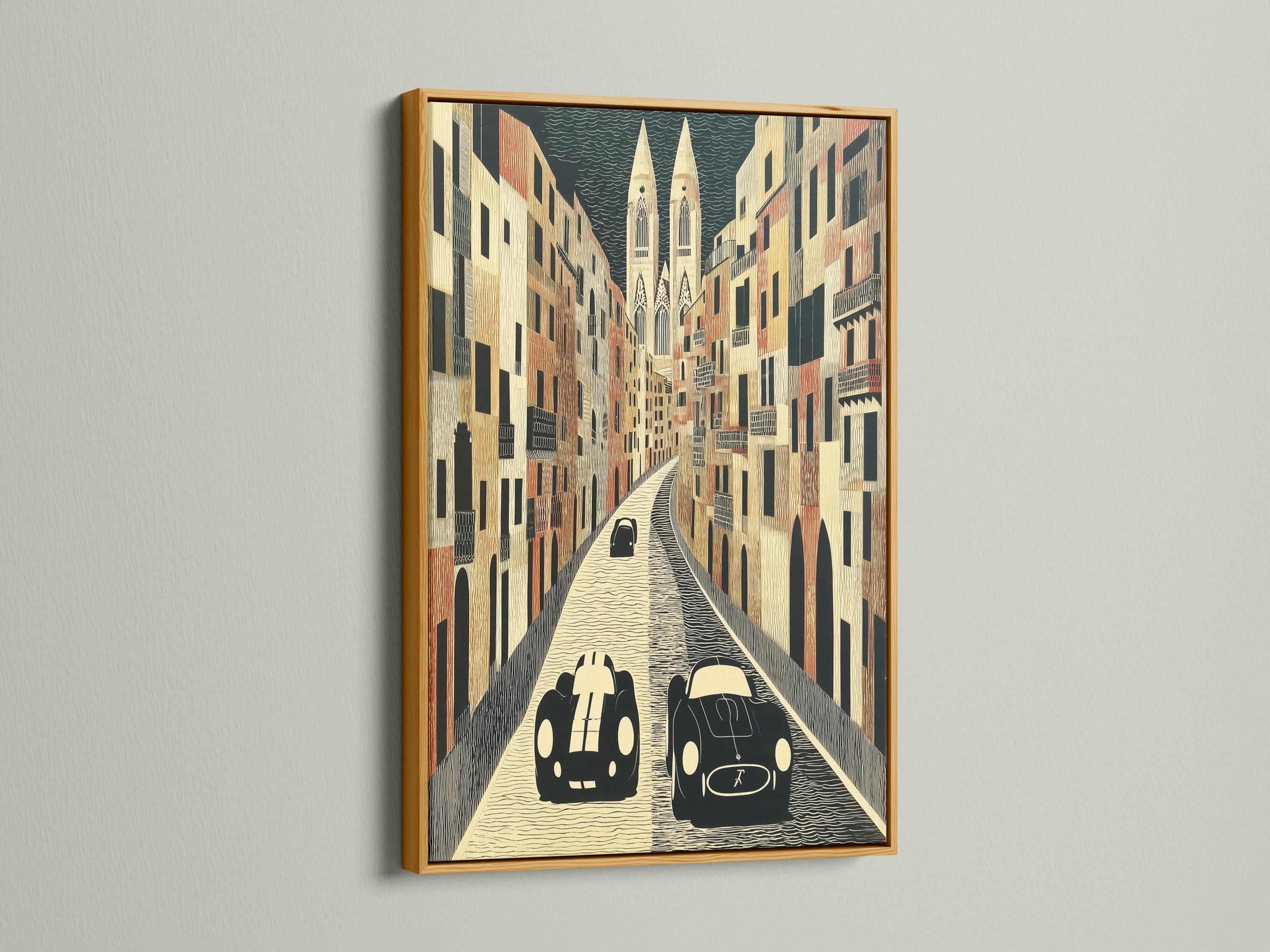 Retro cars on a textured city street with tall buildings and a patterned sky detail view