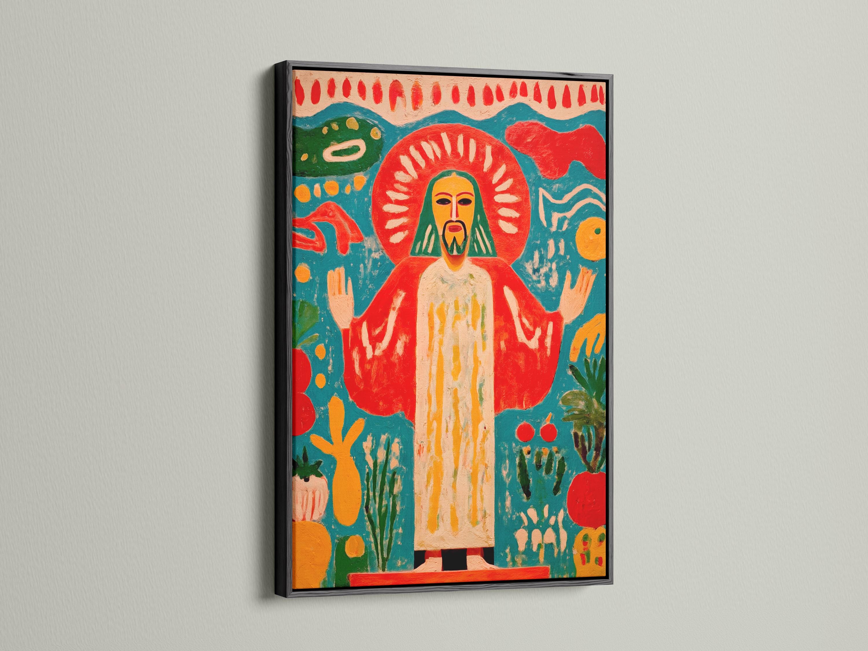 Religious sacred figure artwork displayed above a decorative console in a living room