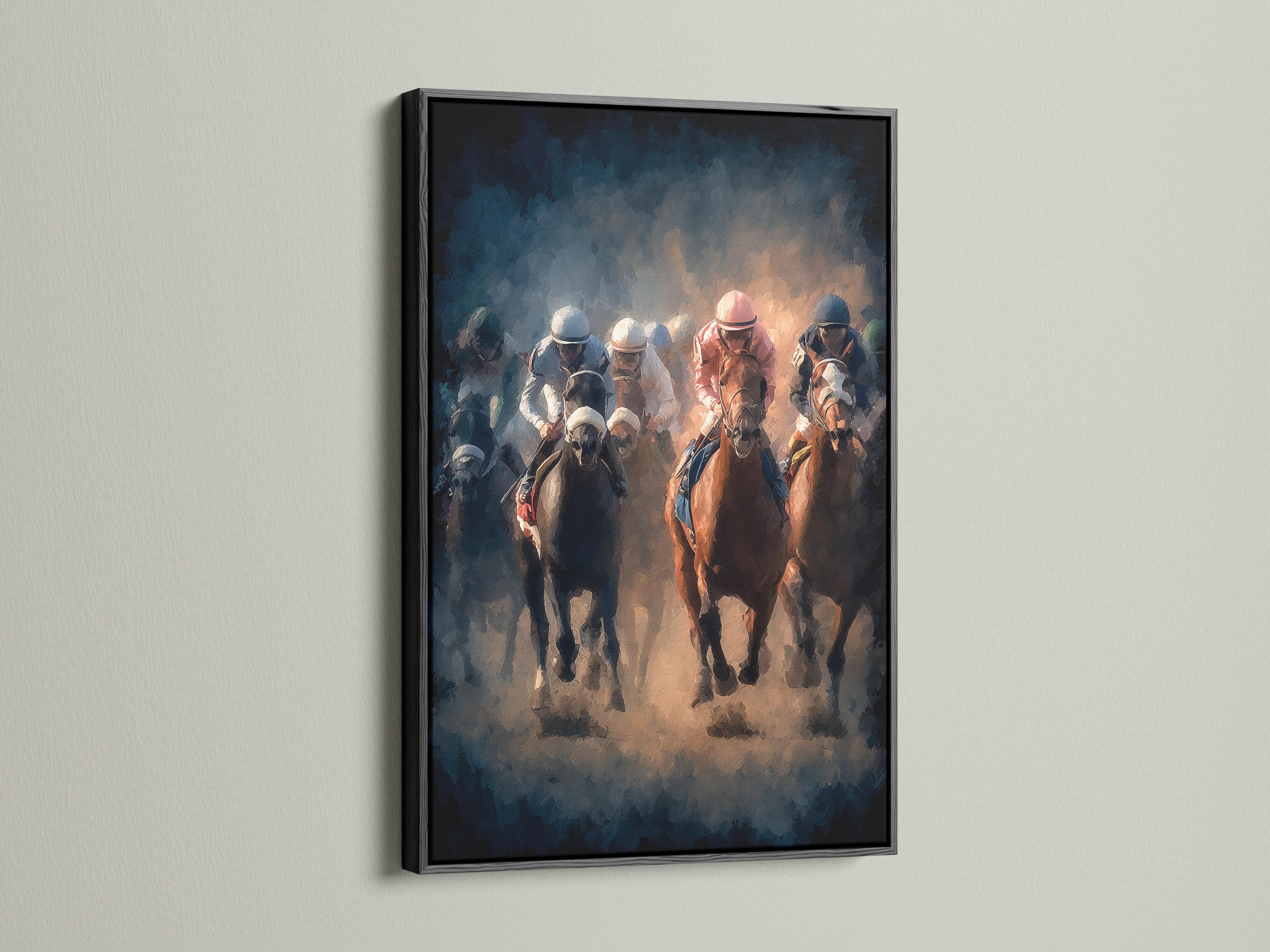 Horse racing artwork showing jockeys riding racehorses in smoky blue haze with warm orange highlights detail view