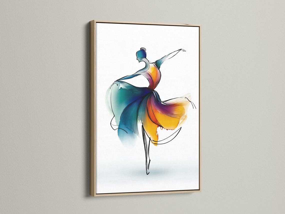 Stylised ballet dancer leaping with teal, blue, purple and orange-yellow colour washes on a white background detail view