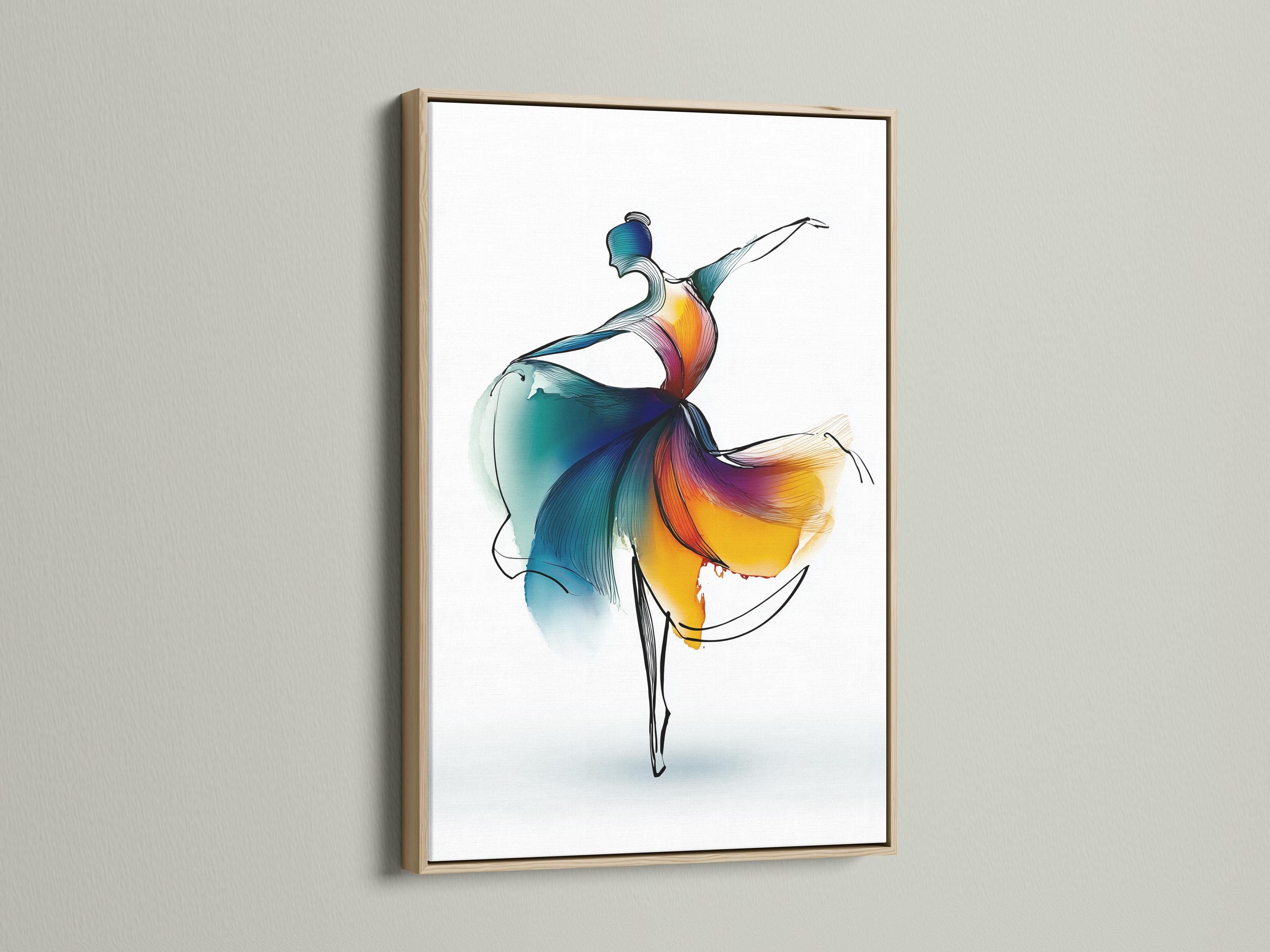 Stylised ballet dancer leaping with teal, blue, purple and orange-yellow colour washes on a white background detail view