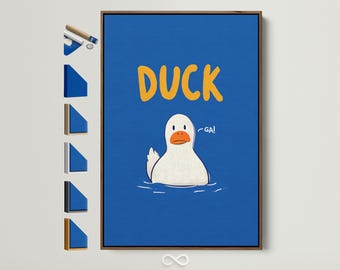 Duck Canvas Print - Funny Animal Wall Art, Blue & Orange Nursery Decor for Kids Room, Cute Duck Artwork Gift