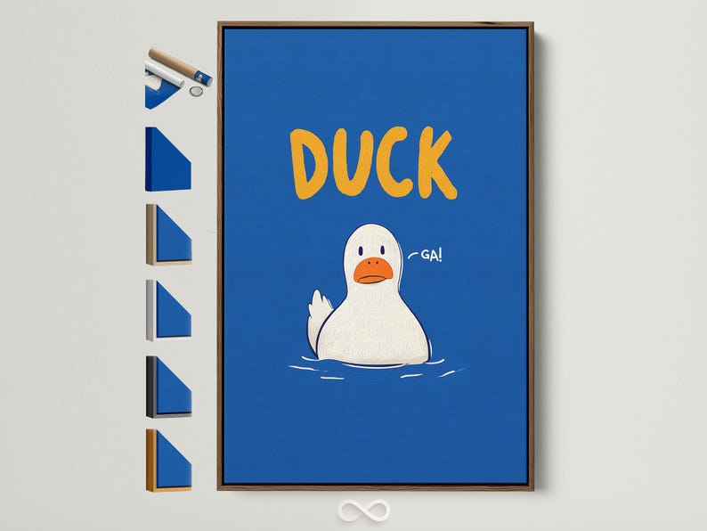 Blue duck illustration with orange “DUCK” lettering and small “GA!” speech text
