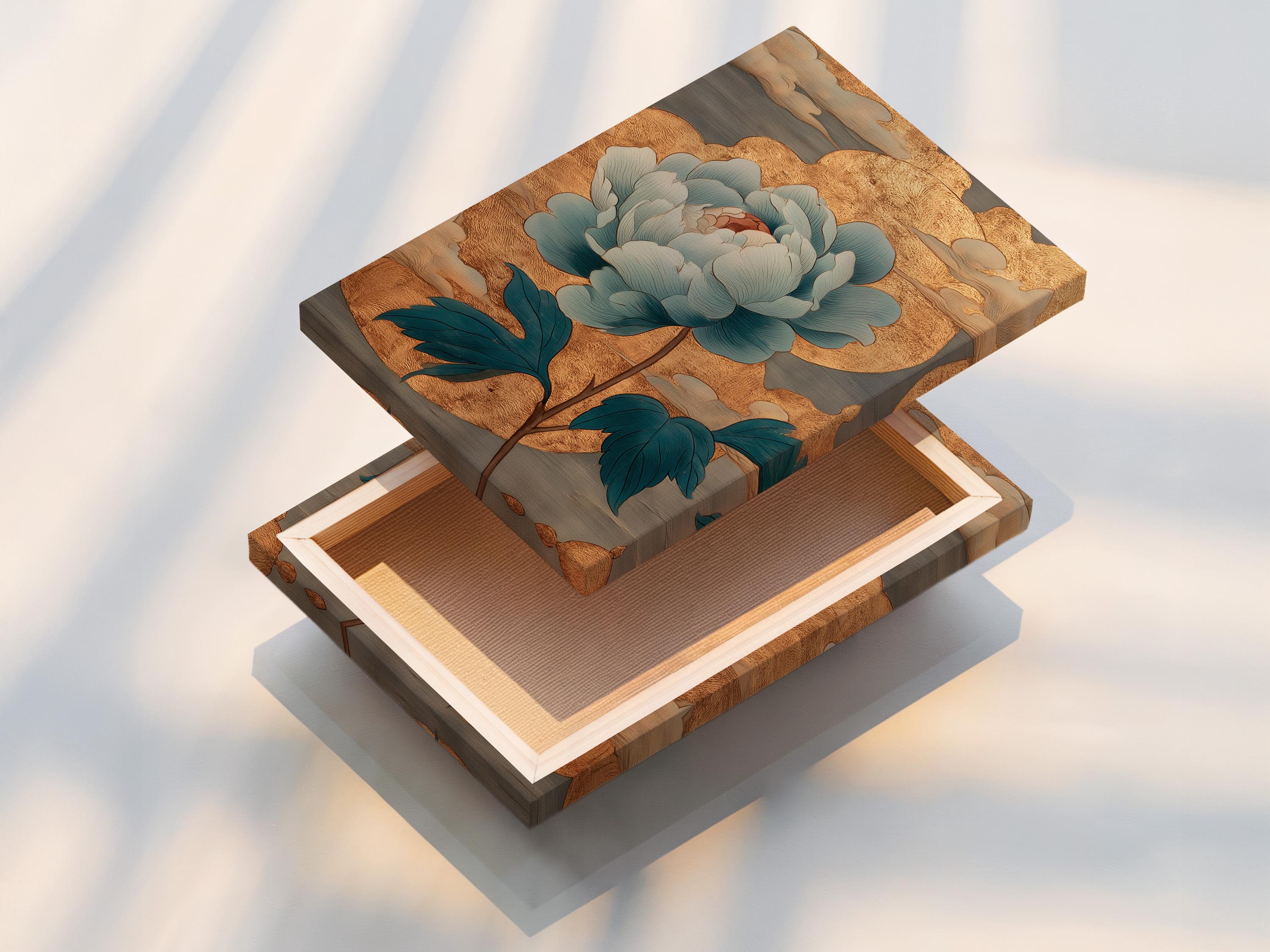 Teal and gold floral artwork with layered petals and leaves on a textured gold background detail view