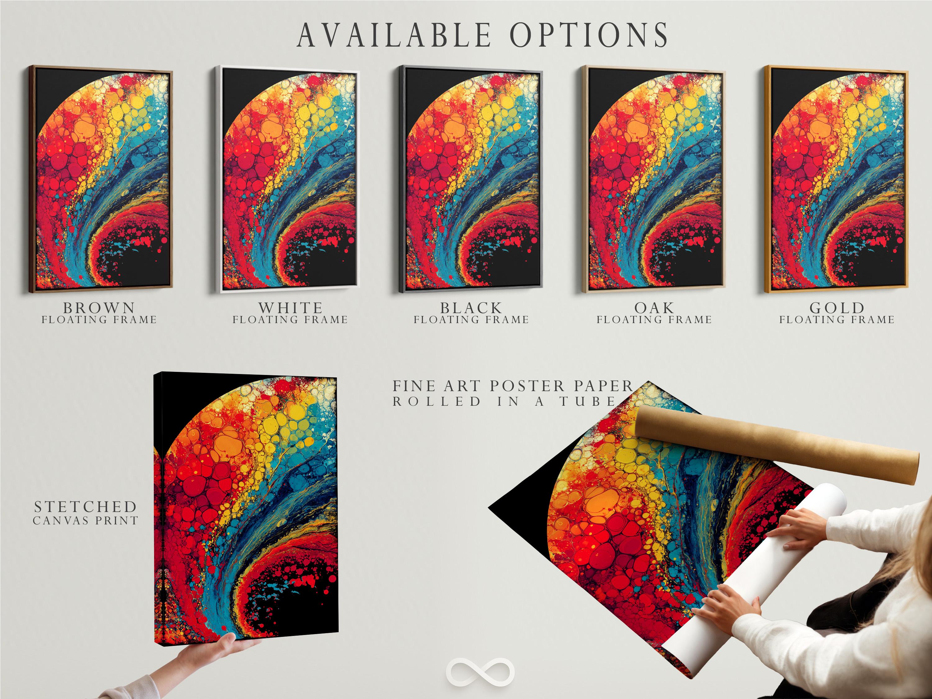 Abstract bubble artwork with red, yellow, aqua teal and dark black curved shapes detail view
