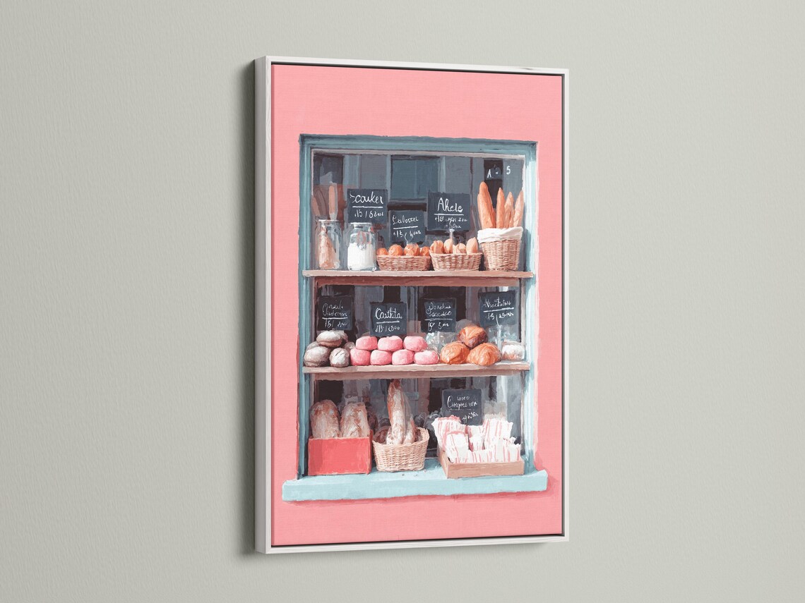 Pastel bakery window painting with pastries and handwritten menu signs detail view