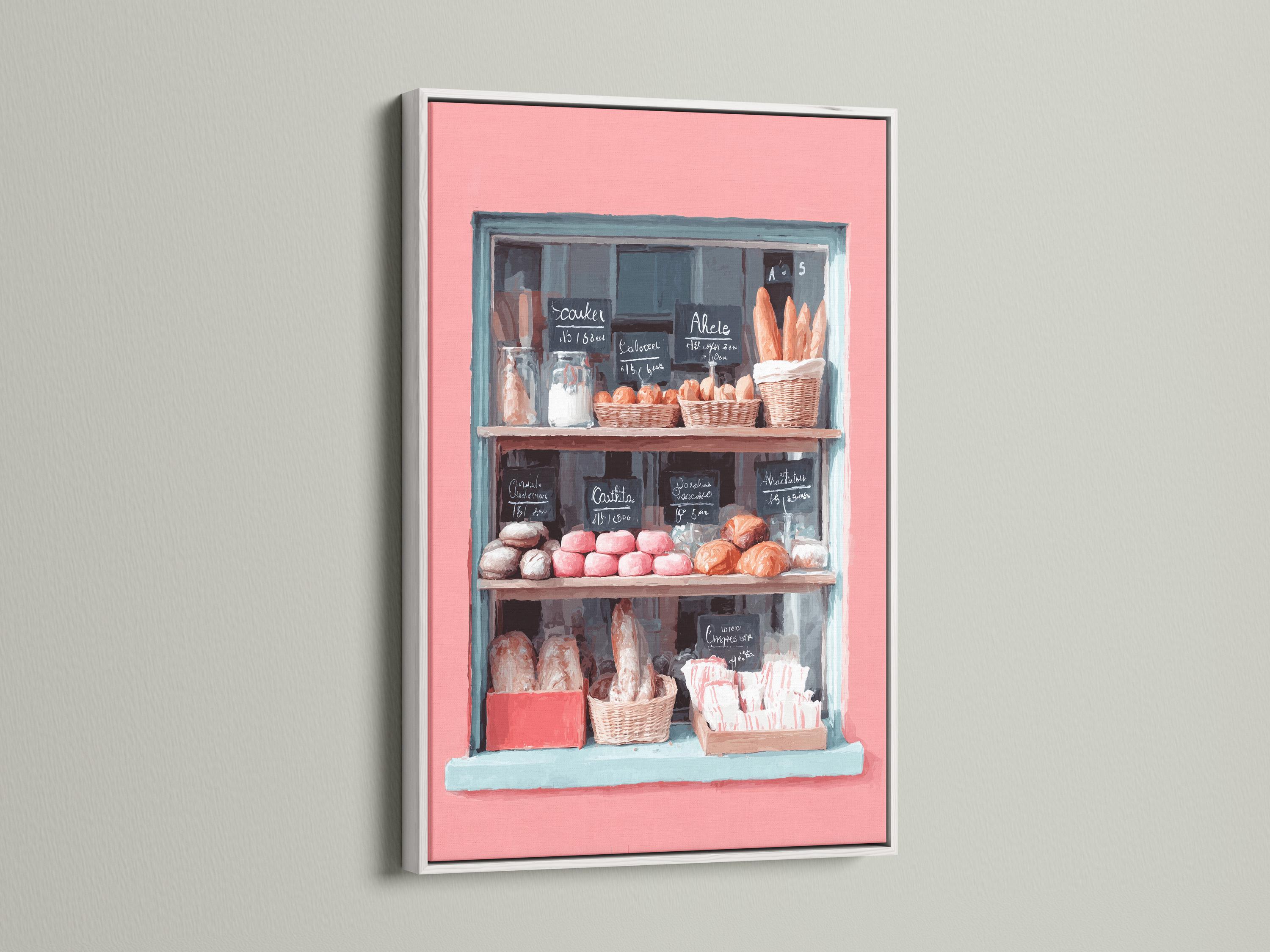 Pastel bakery window painting with pastries and handwritten menu signs detail view