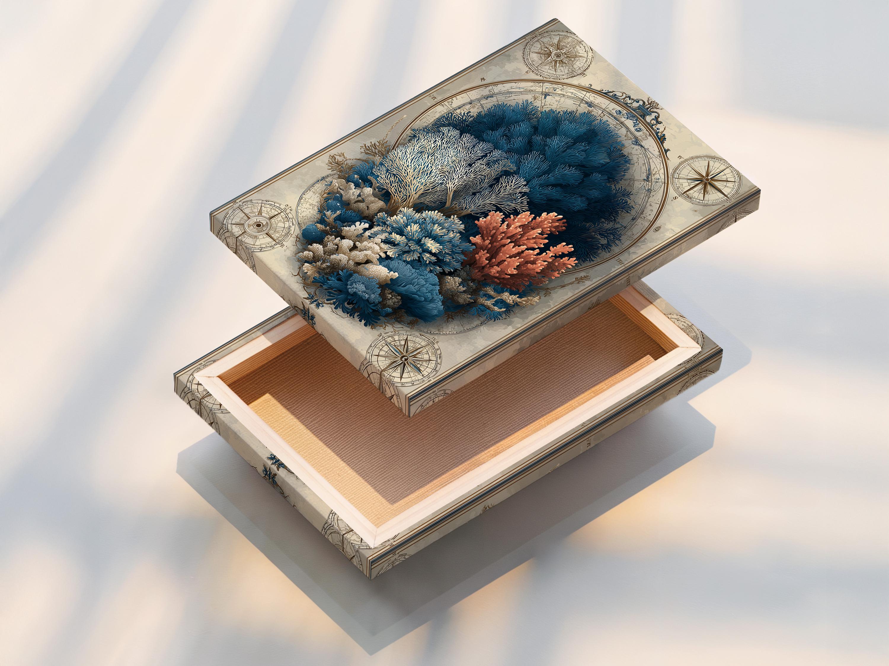 Room mockup showing a framed nautical map illustration featuring a coral reef and compass roses