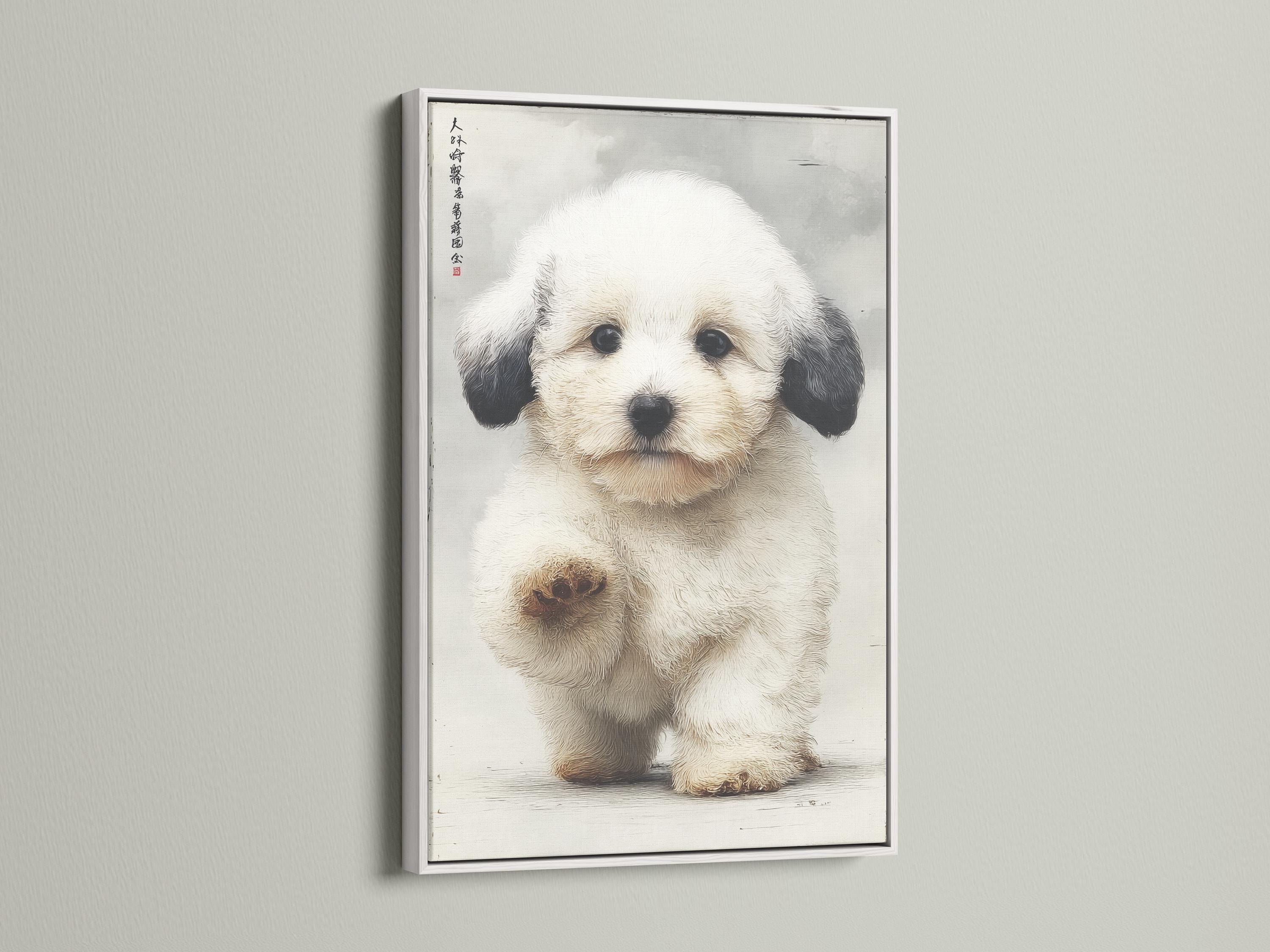 Textured cream puppy portrait with dark ears and faint characters in the top-left detail view