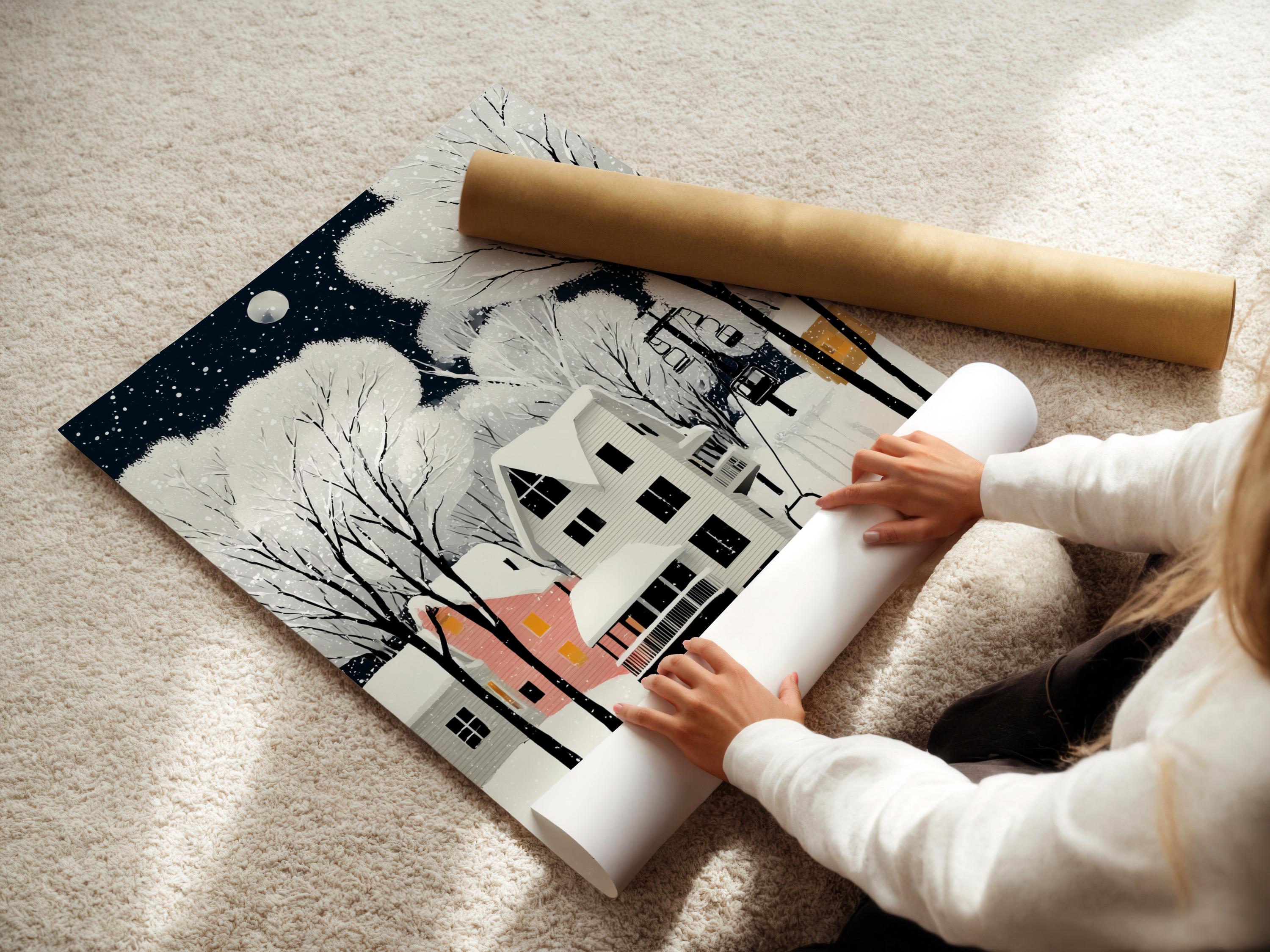 Snowy winter village at night with a full moon, bare trees, and houses with falling snow detail view