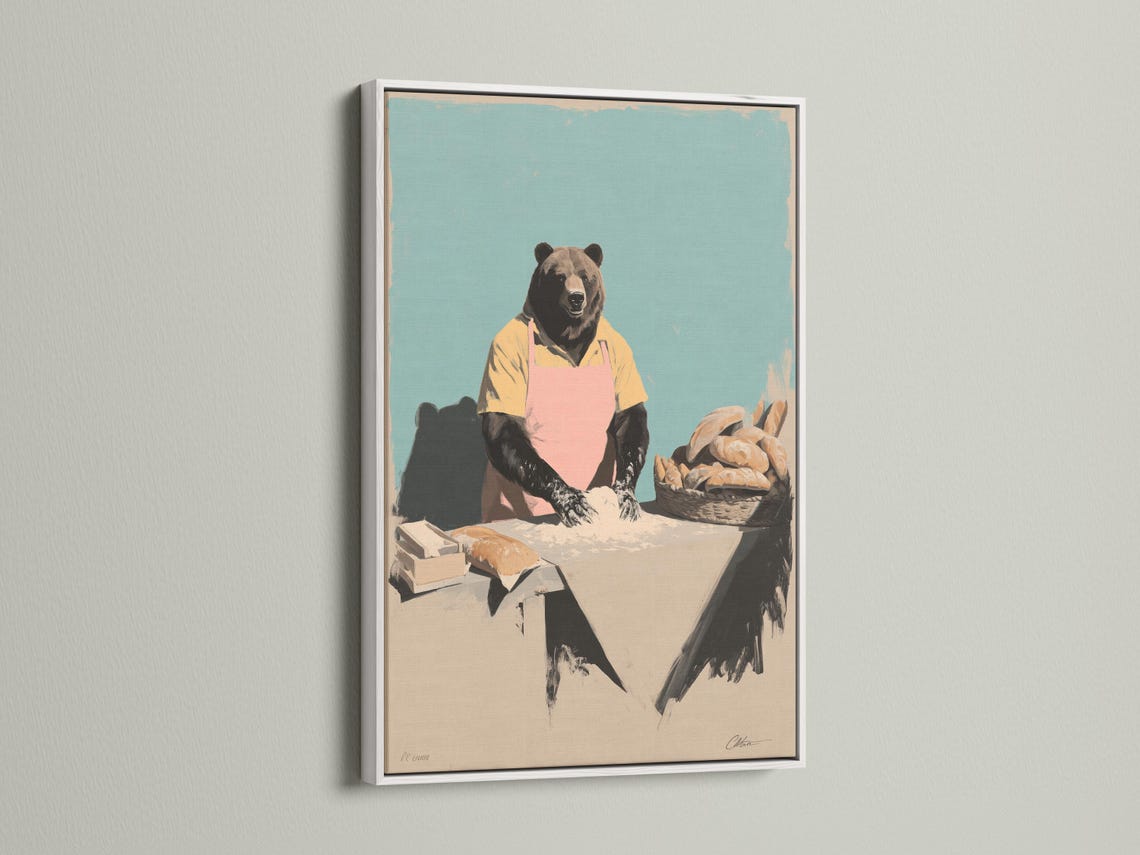 Bear chef illustration wearing a pink apron behind a counter with bread on a teal background detail view