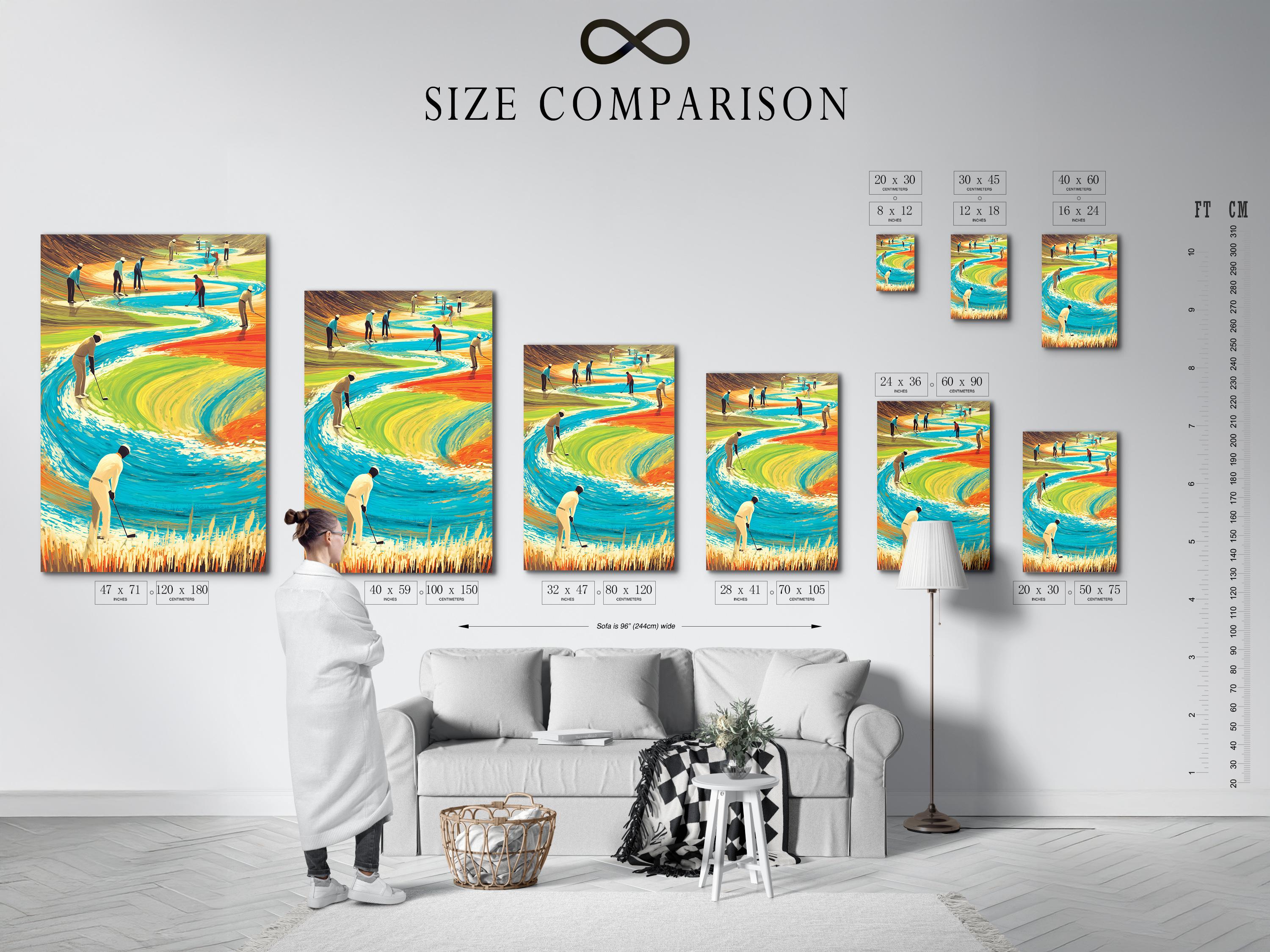 Surreal golf course scene with stylised golfers and a winding blue water channel detail view