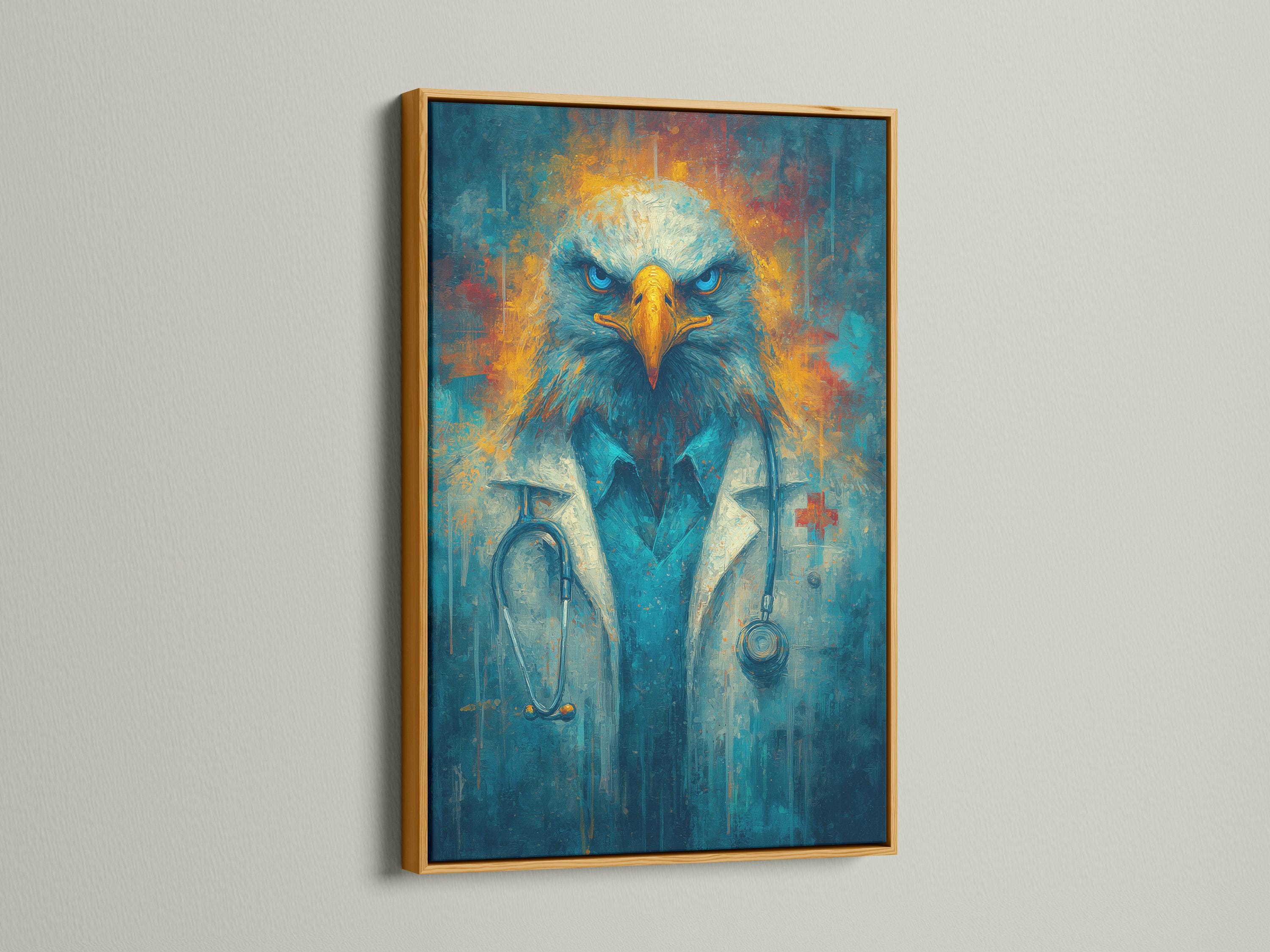 Stylised eagle portrait with vivid blue eyes and gold beak on a textured teal background detail view