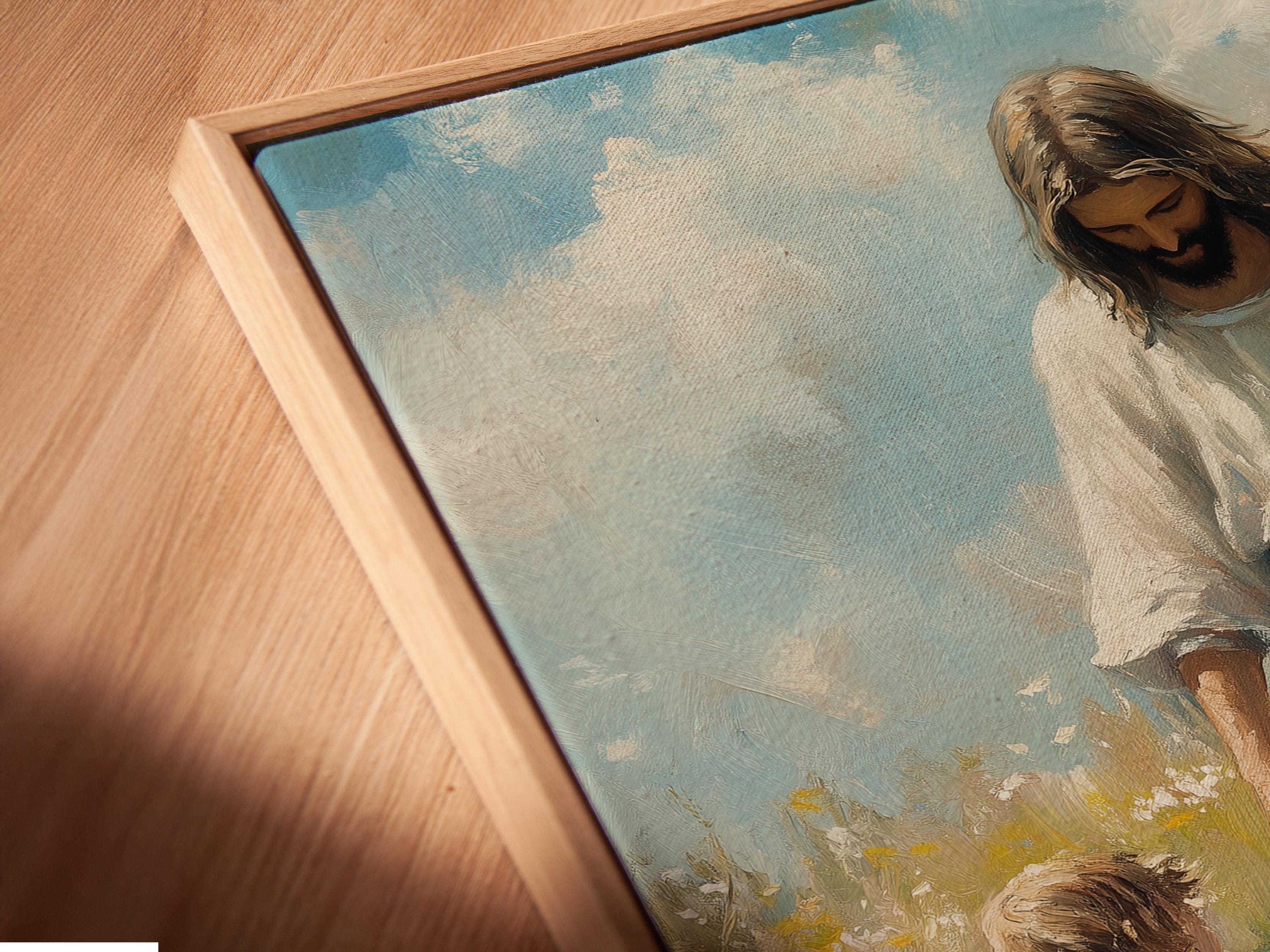 Religious meadow wall art mockup with an ornate frame on a light wall