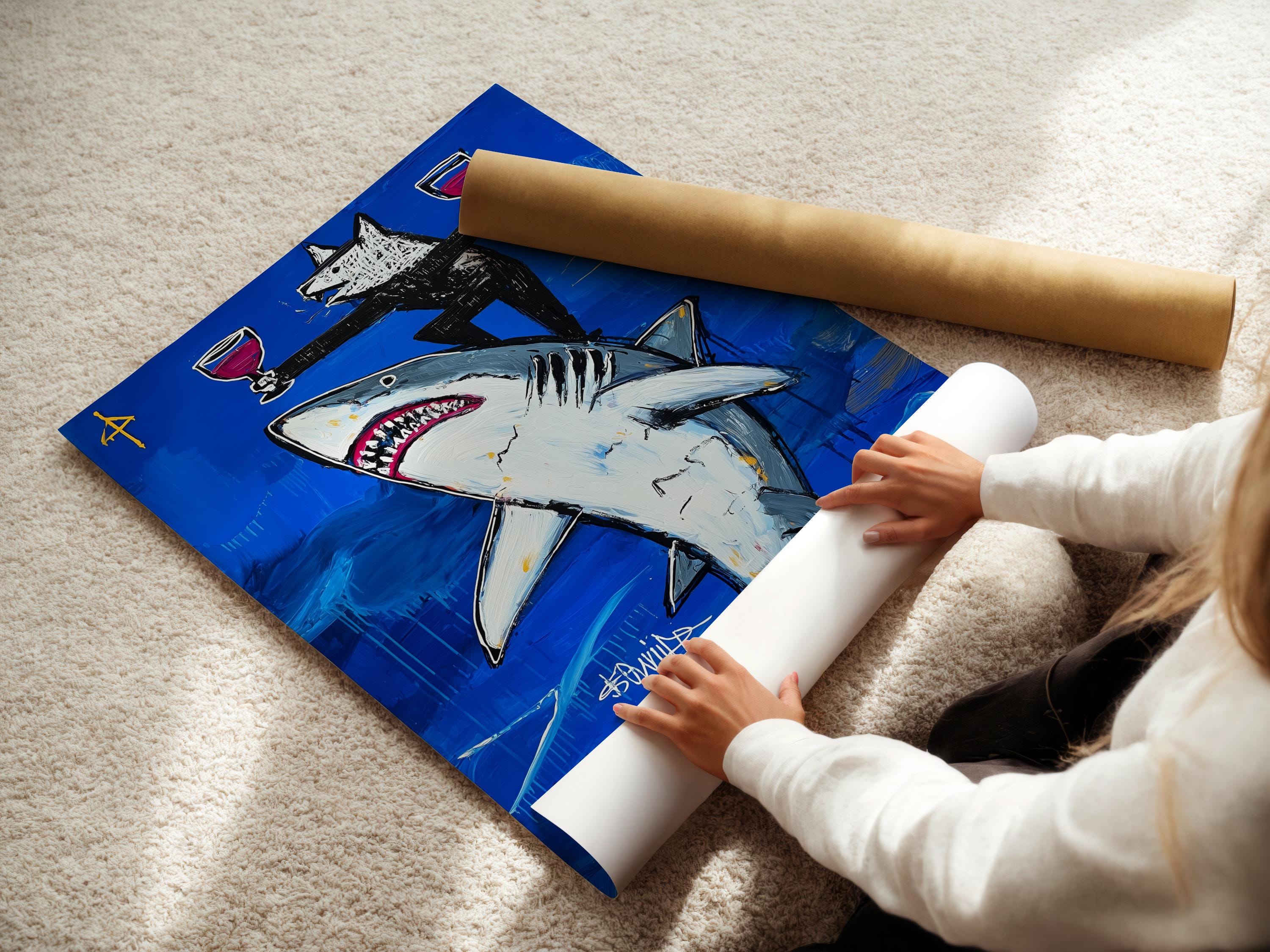 Stylised shark swimming in deep blue ocean with a wolf and trophy goblets detail view