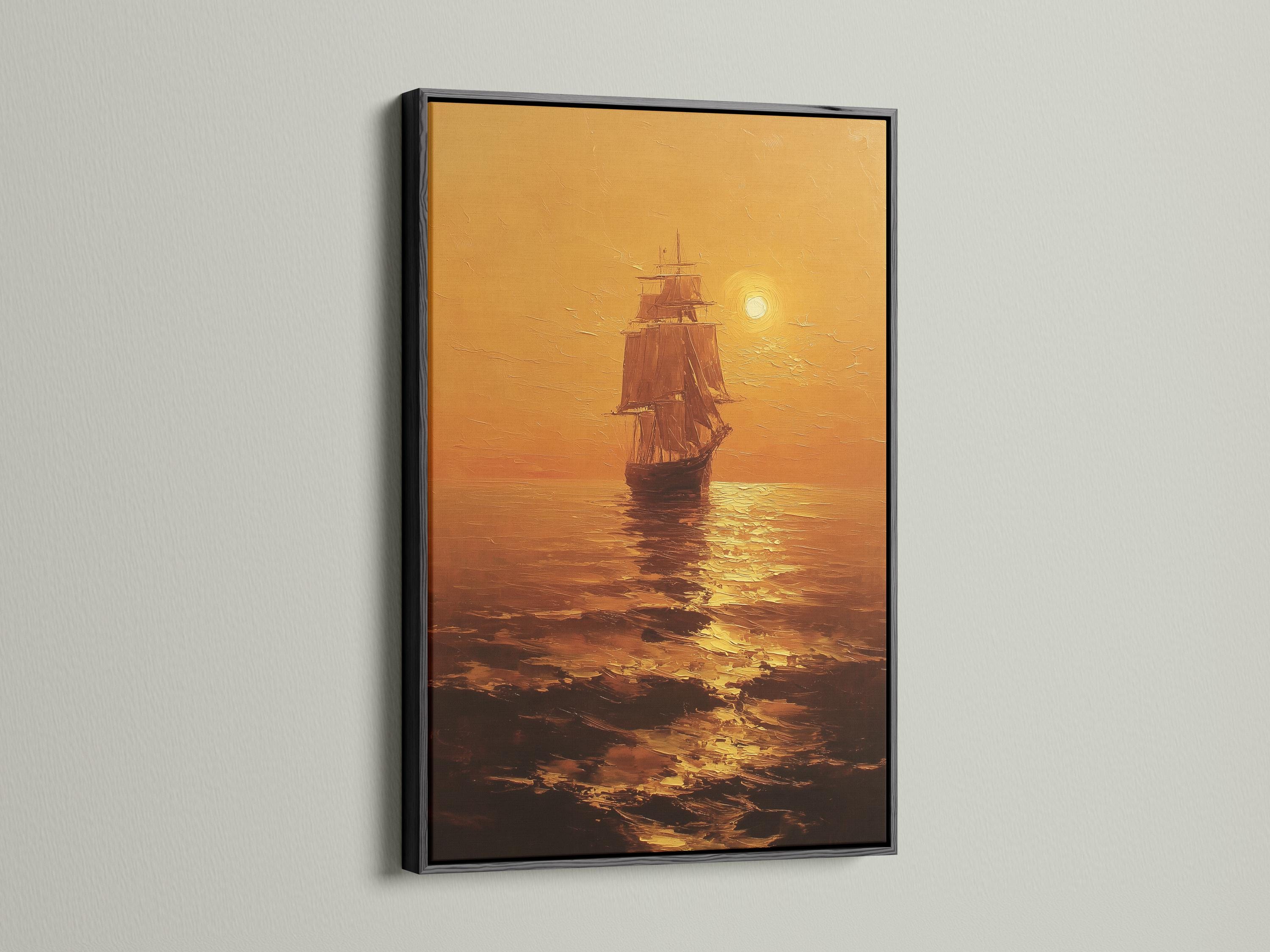 Room mockup showing a warm golden seascape with a sailing ship and glowing sun