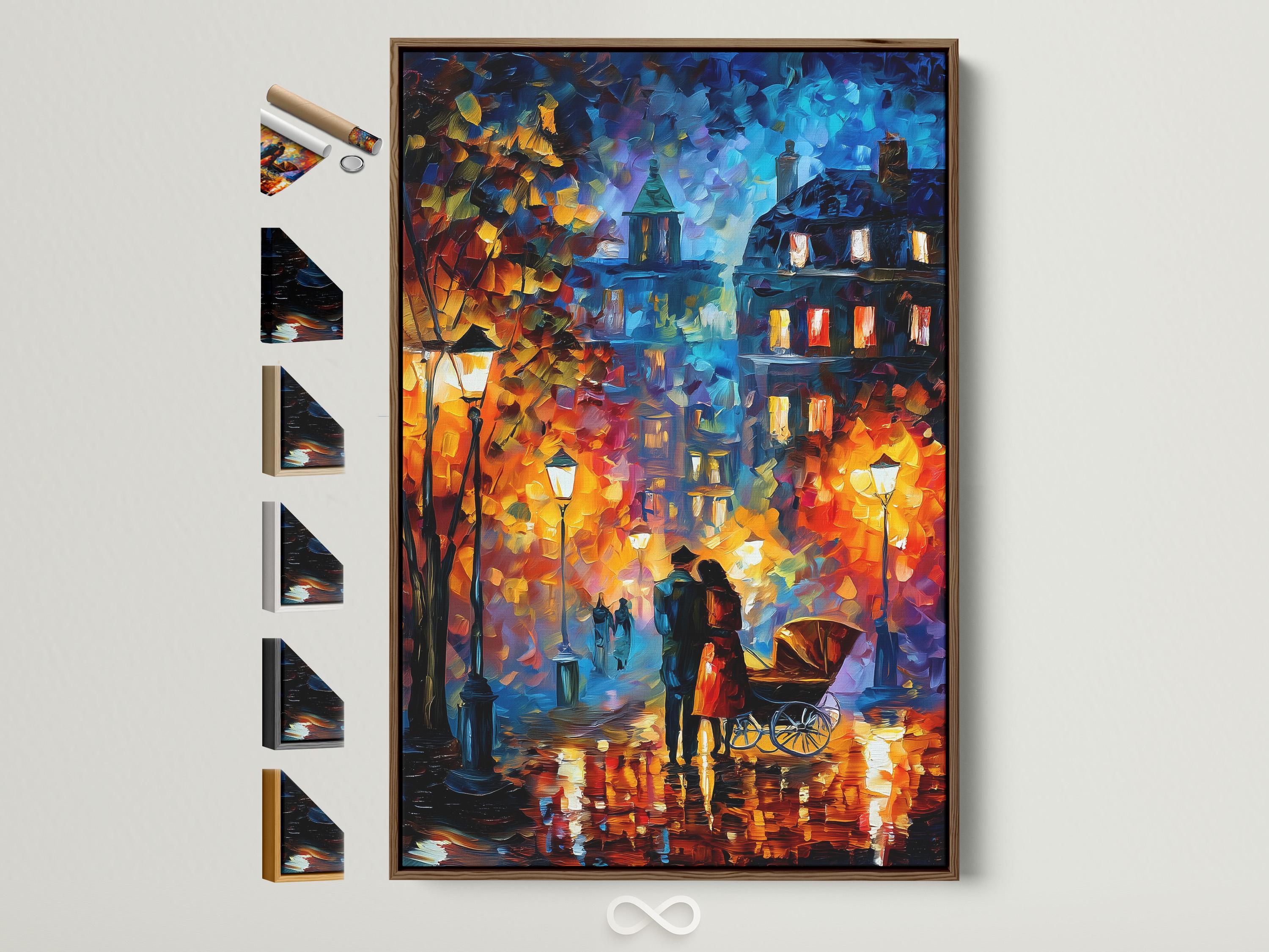 Room mockup showing a framed impressionist city street artwork on a wall