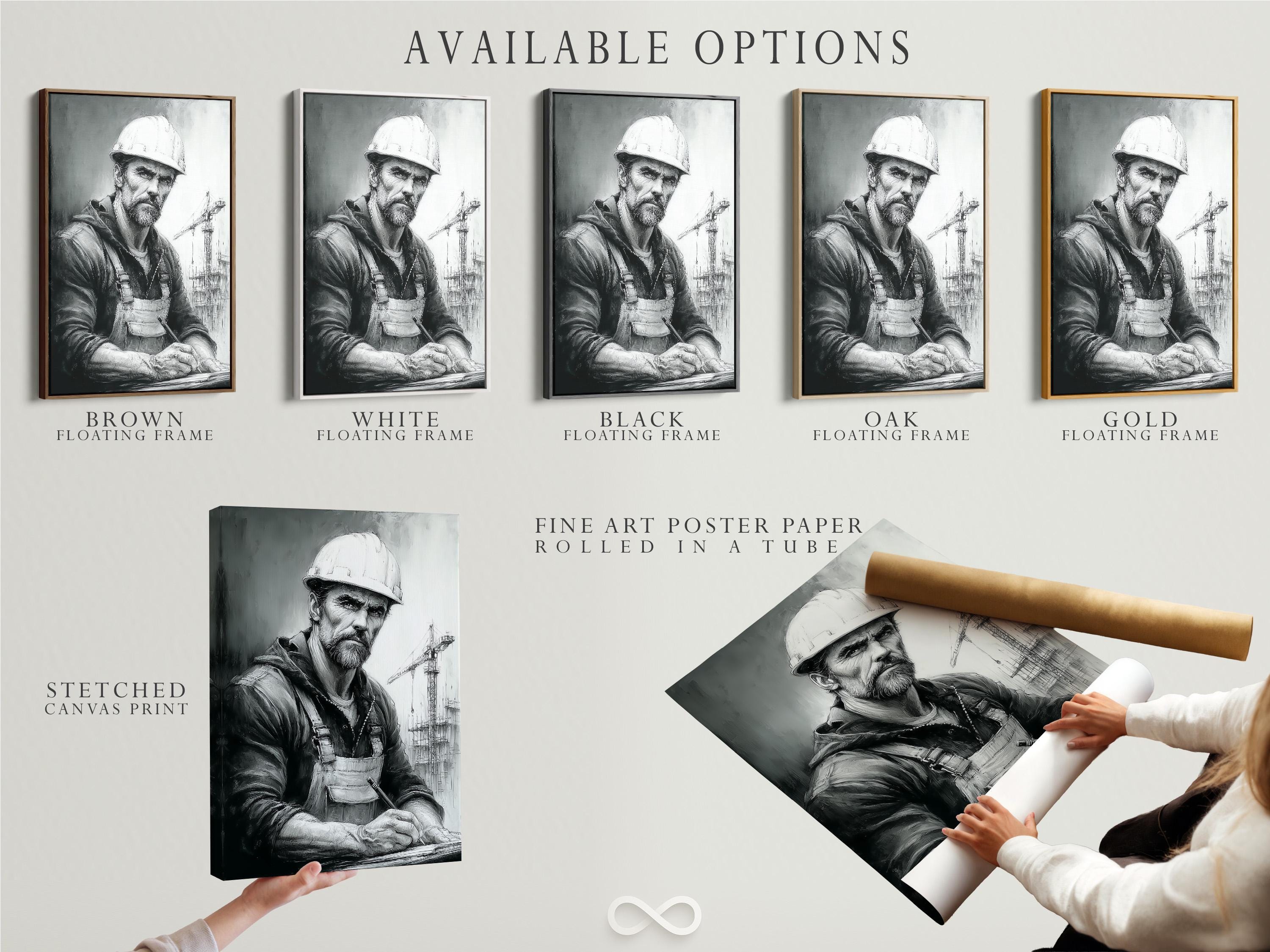 A wall mockup showing framed portrait options next to a monochrome construction worker artwork