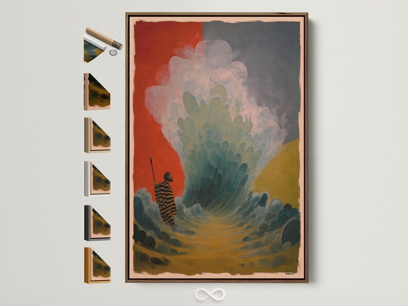 Portrait artwork showing a patterned figure holding a tall staff in a teal, red and ochre abstract scene