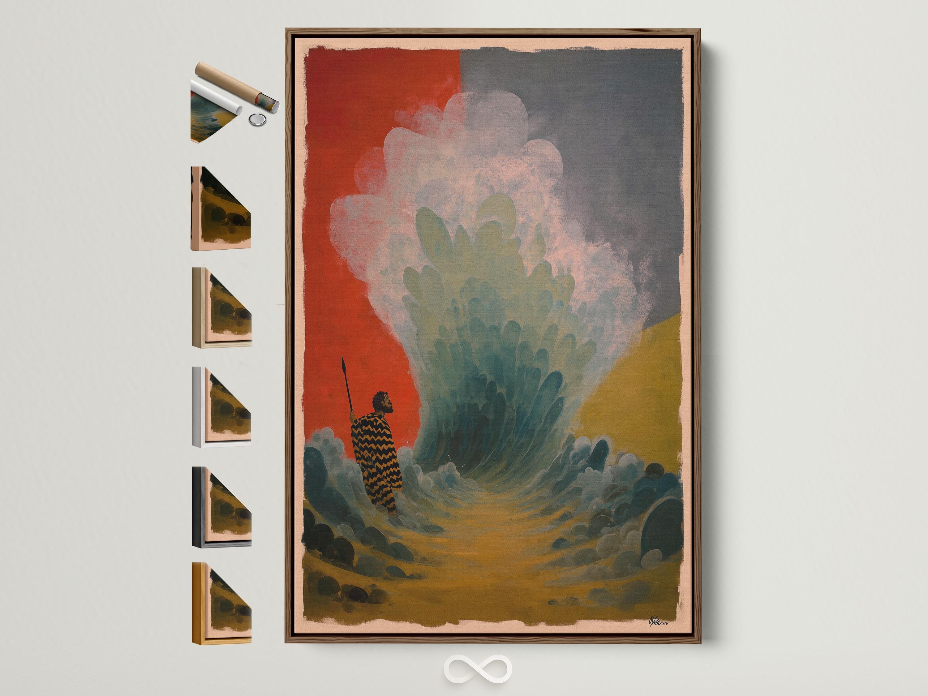 Portrait artwork showing a patterned figure holding a tall staff in a teal, red and ochre abstract scene