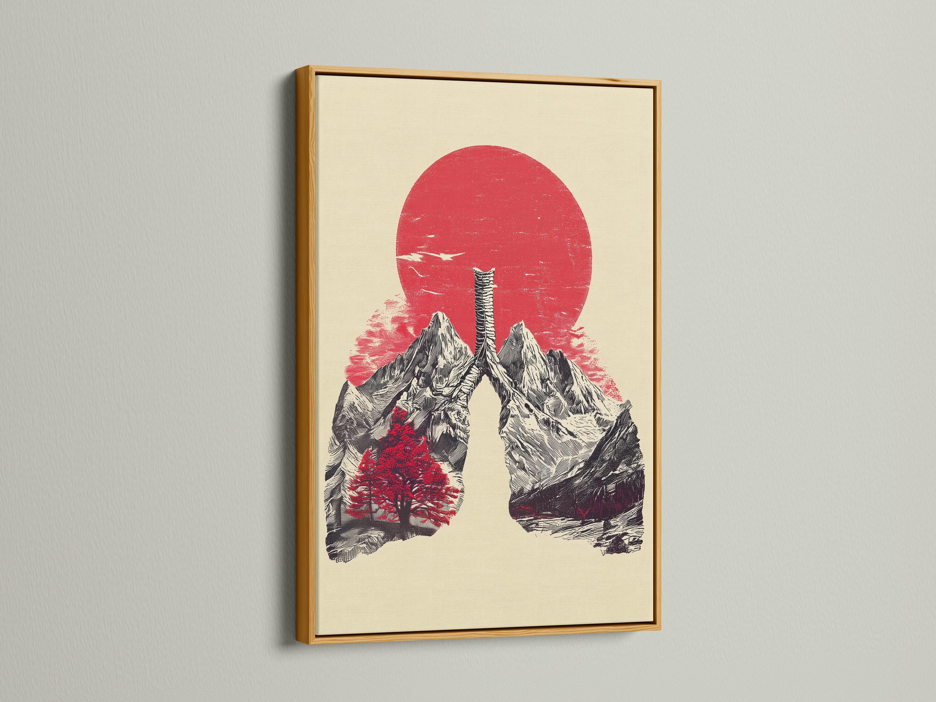 Mountain landscape artwork with a red sun, monochrome peaks, and a ribcage-like figure detail view