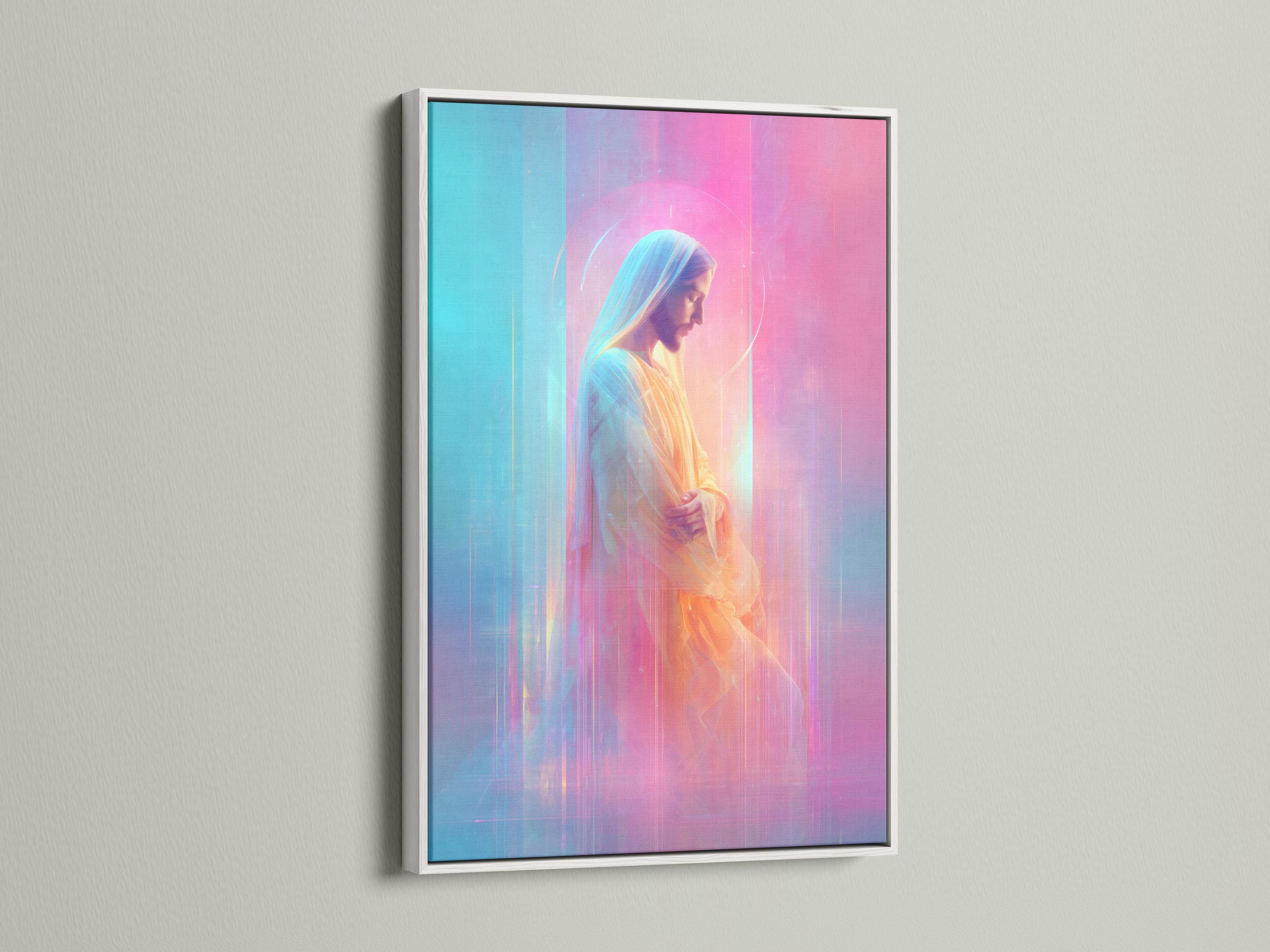 Stylised Jesus Christ portrait in profile with a glowing halo, pink and aqua background detail view