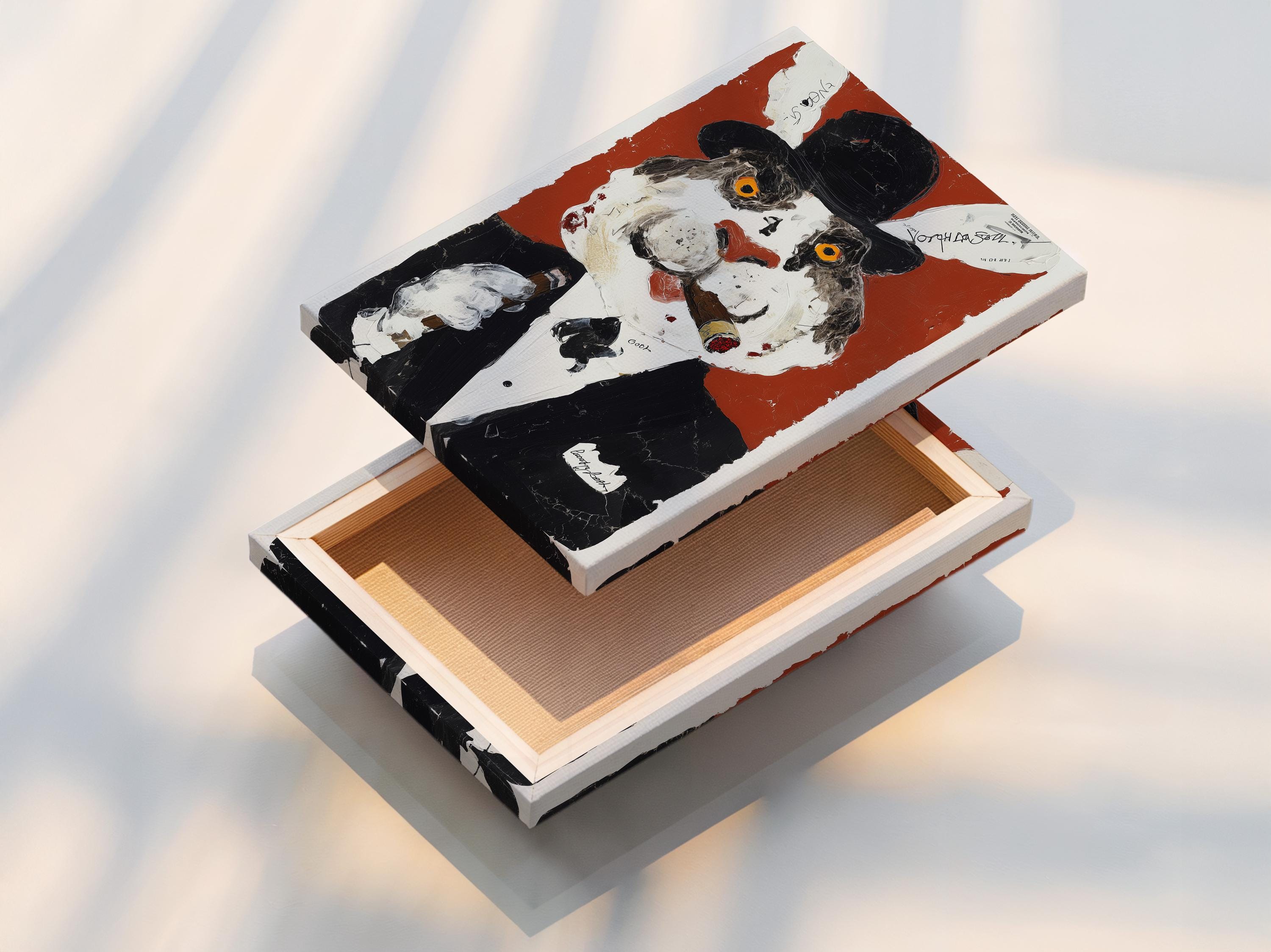 Room mockup showing a framed rabbit gentleman portrait on a wall