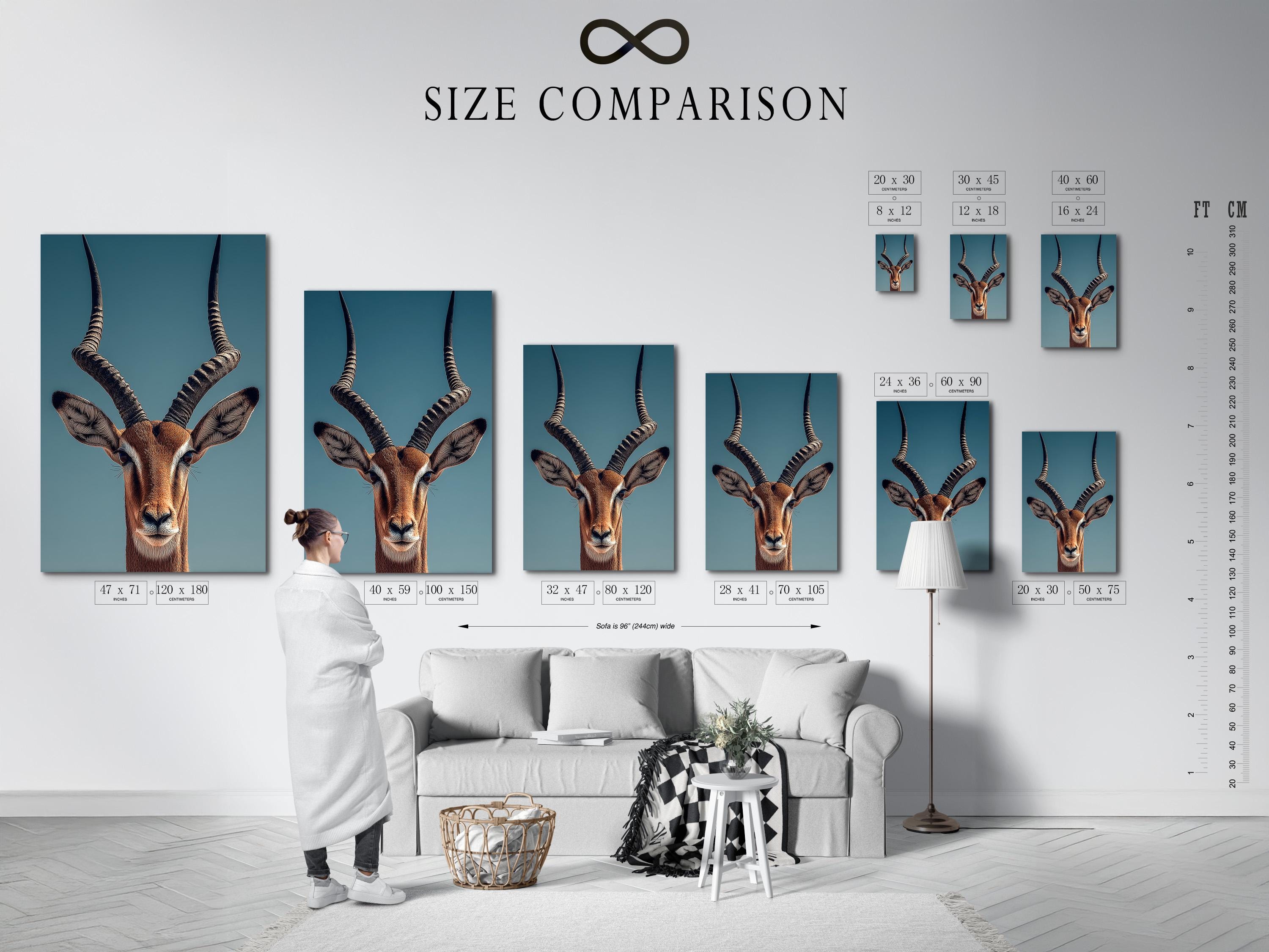 Antelope portrait illustration with long curved horns on a teal background detail view