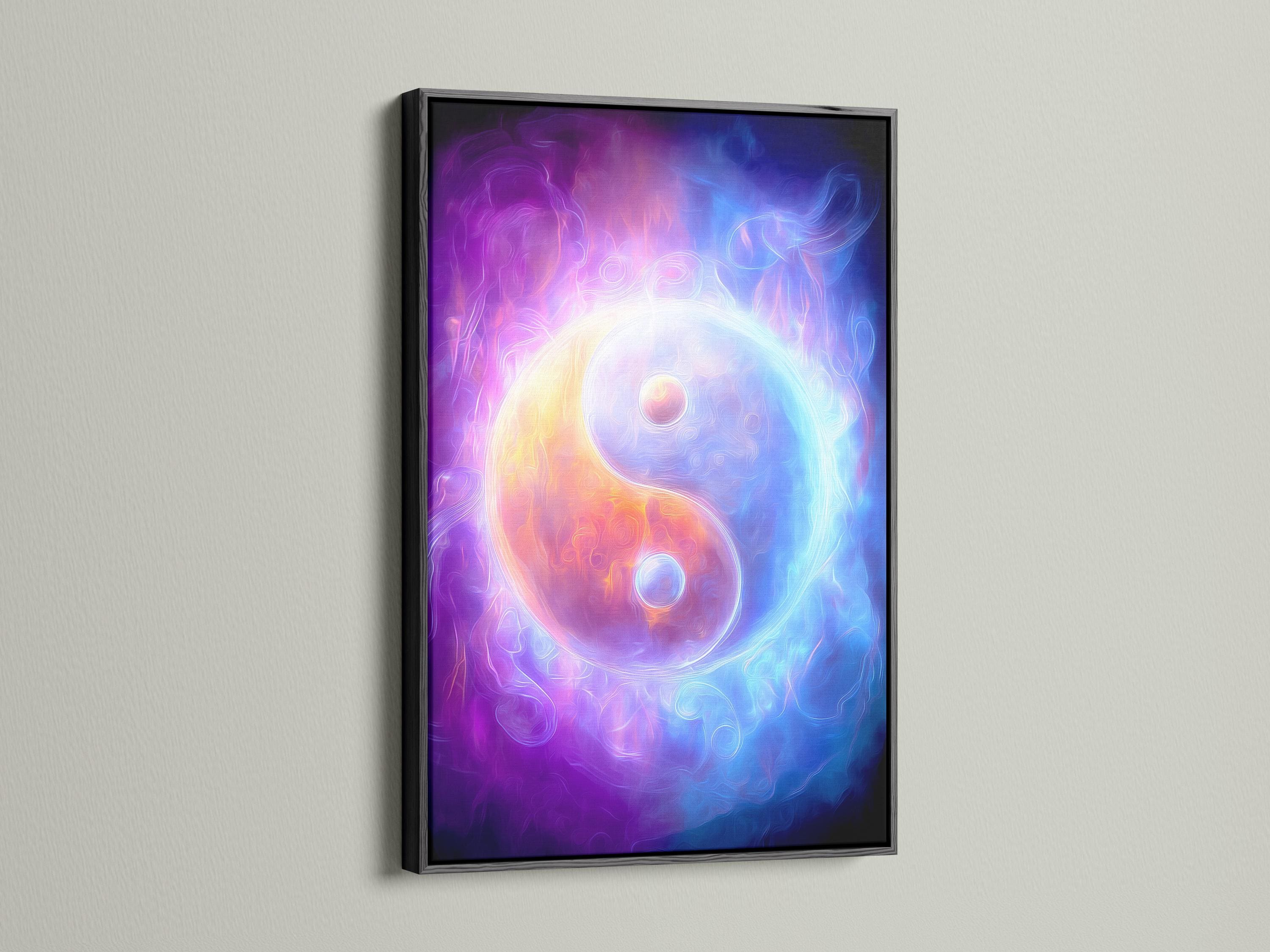Portrait artwork of an abstract yin-yang inspired design in purple and blue shown in a room mockup