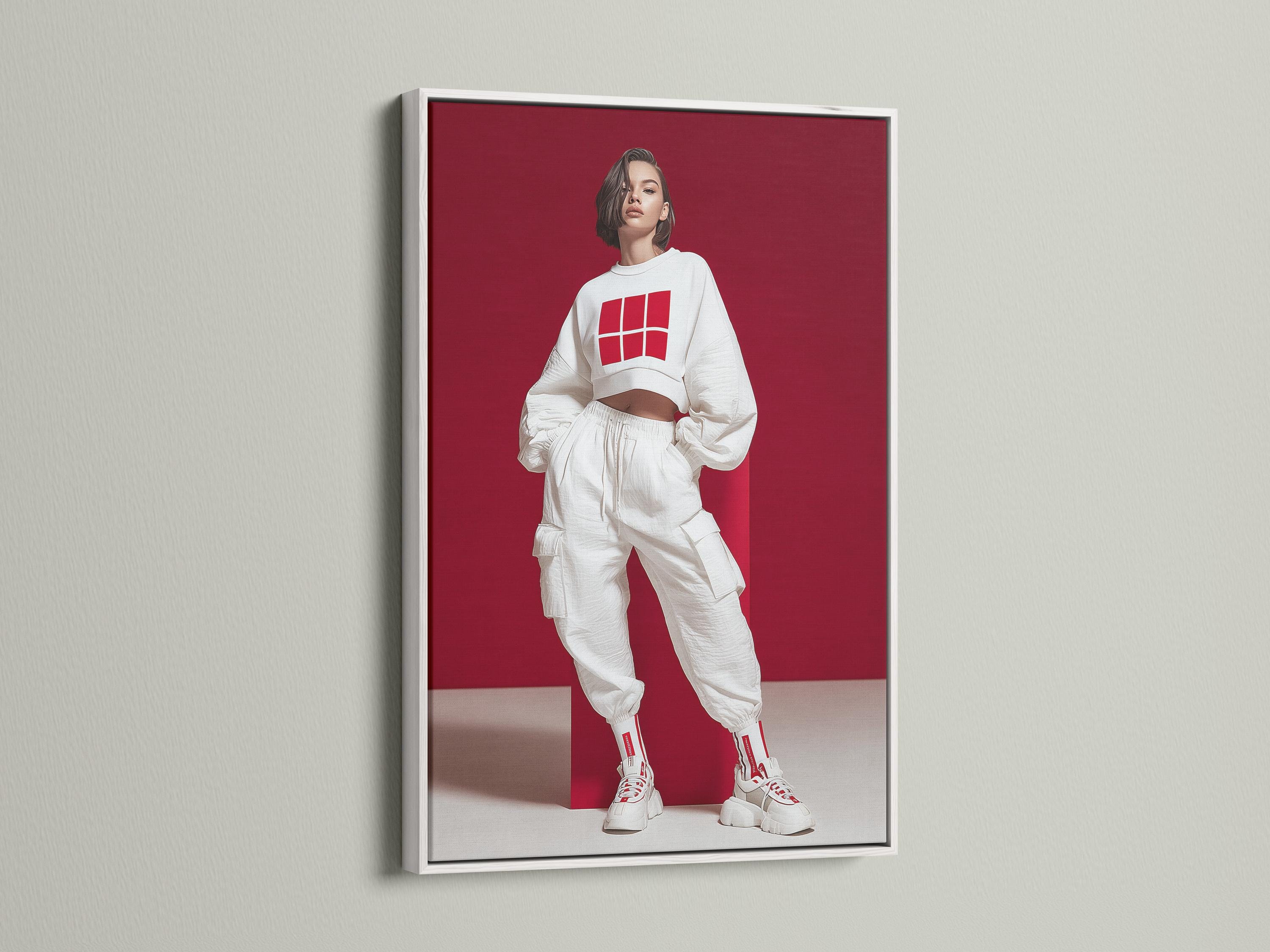 Stylised fashion portrait of a woman in white streetwear with a grid logo on a deep red background detail view
