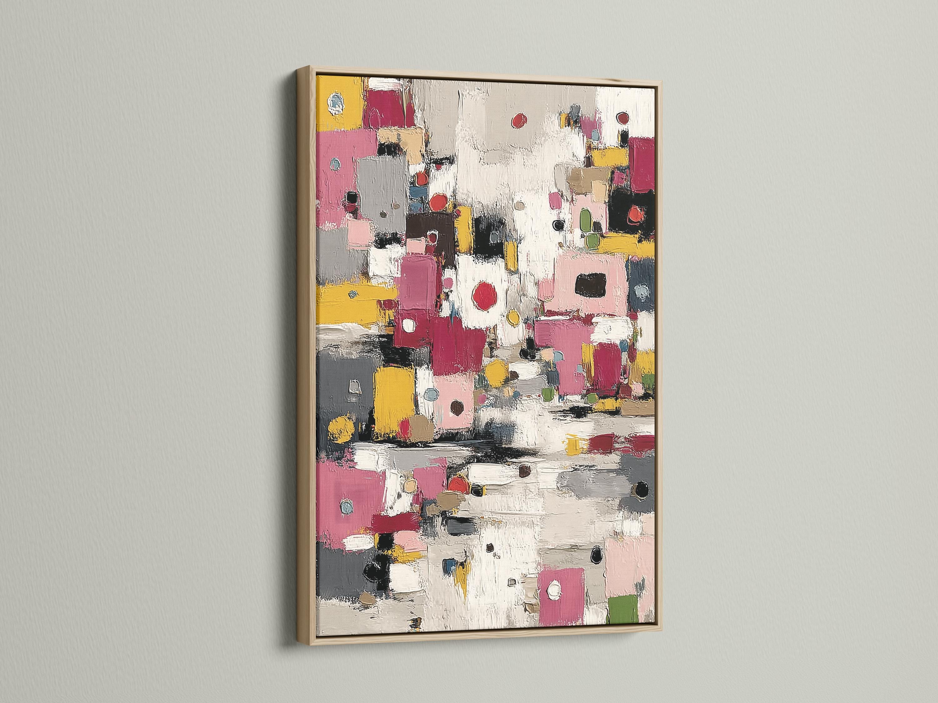 Textured abstract artwork with layered geometric blocks in pink, yellow, grey and black detail view