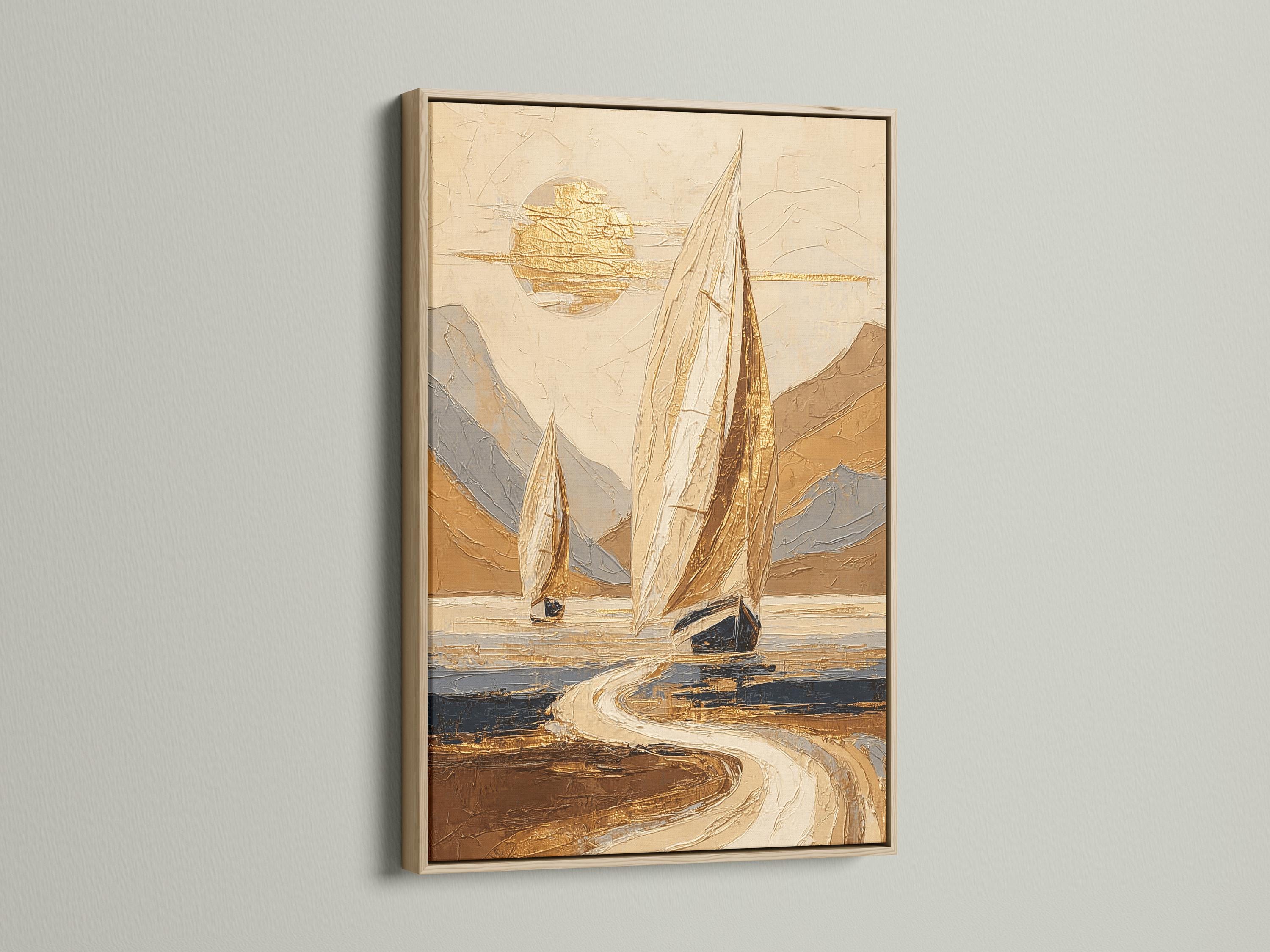 A gold-toned sailboat with billowing sails sits on rippling blue-grey water, set against warm beige and sandy shapes with a bright sun-like glow