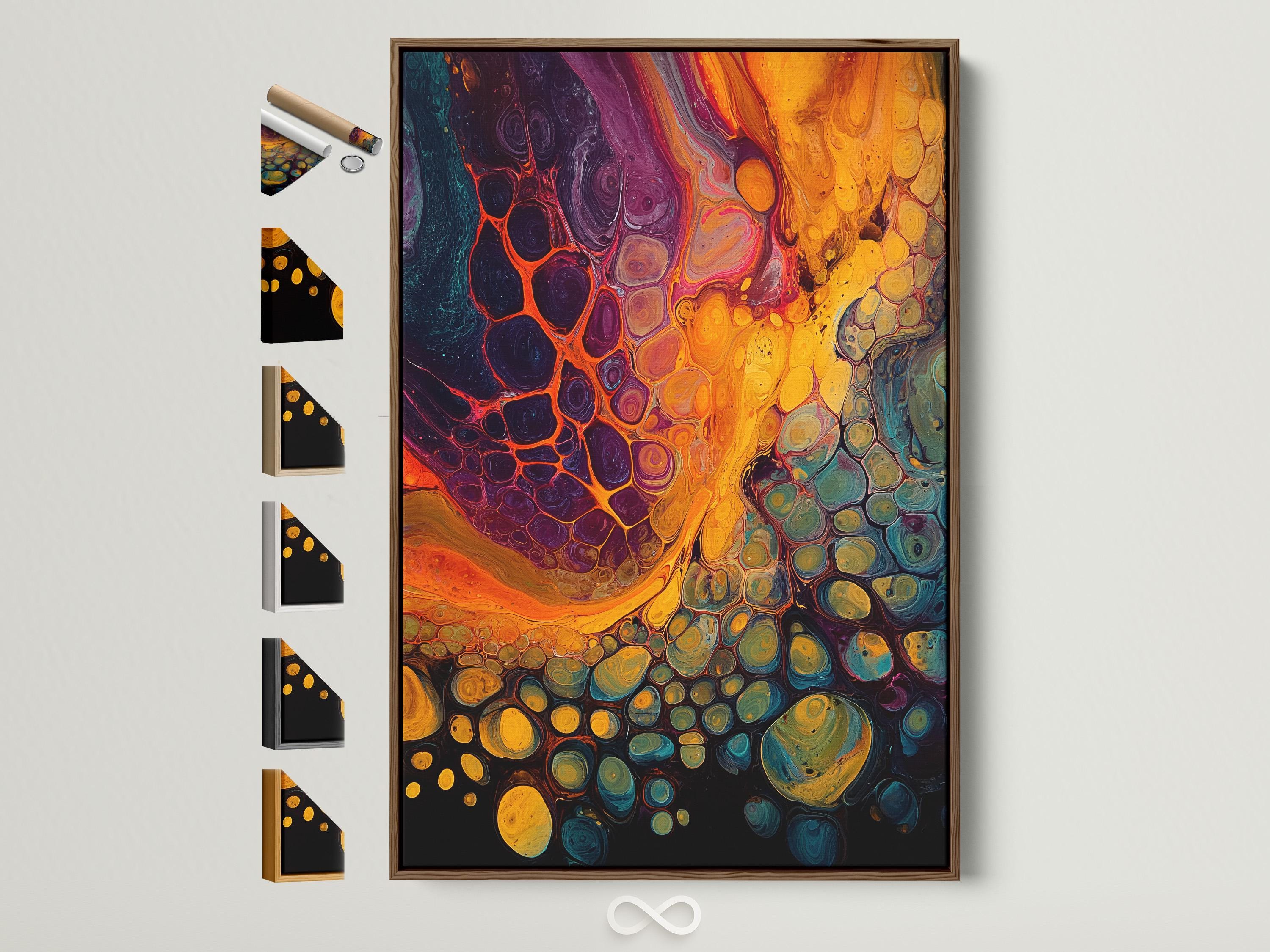 Abstract fluid artwork with gold, purple, teal and orange flowing bubble-like shapes detail view