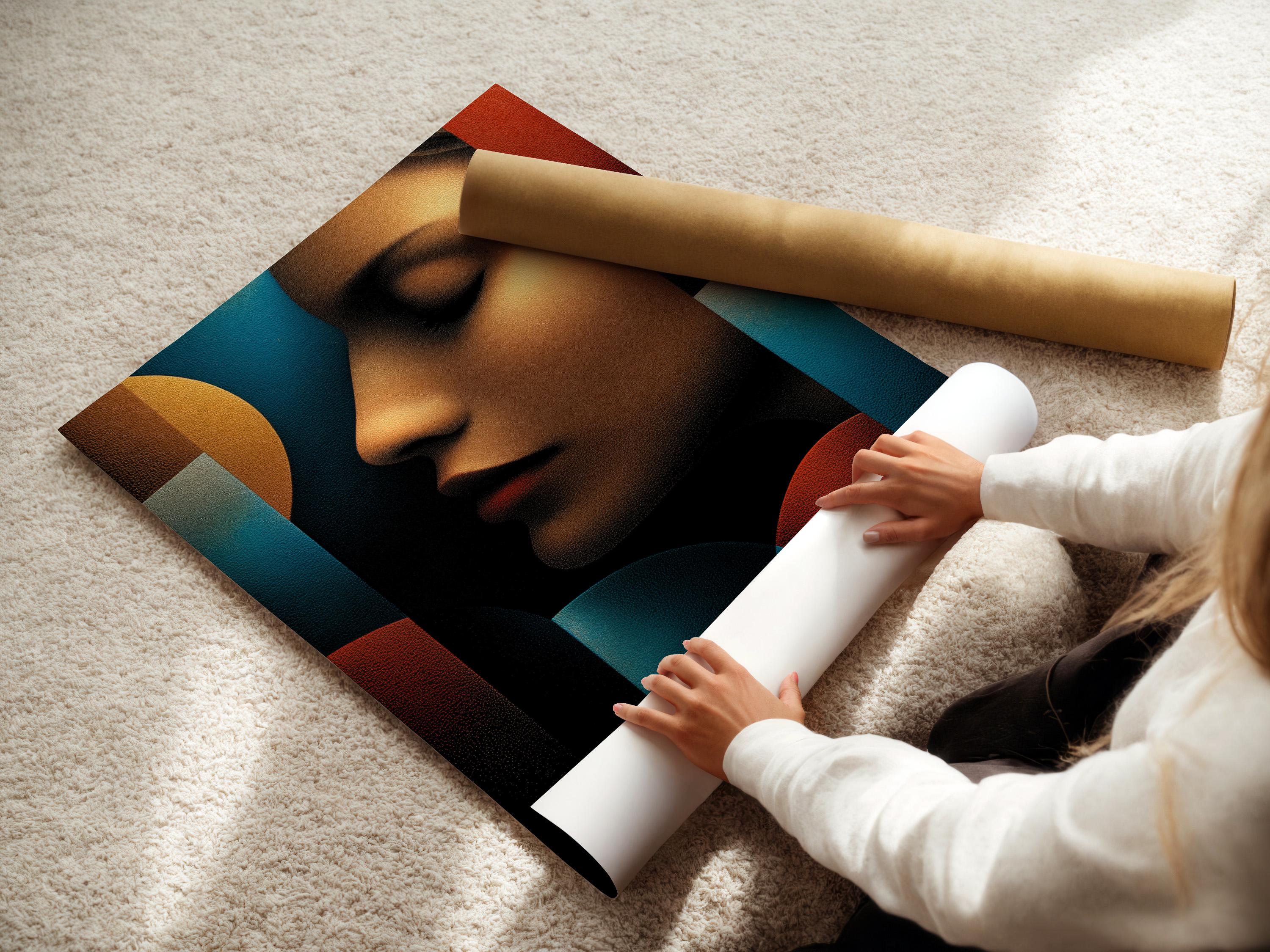 Abstract woman portrait profile in teal, bronze and burnt red-orange with textured shading detail view