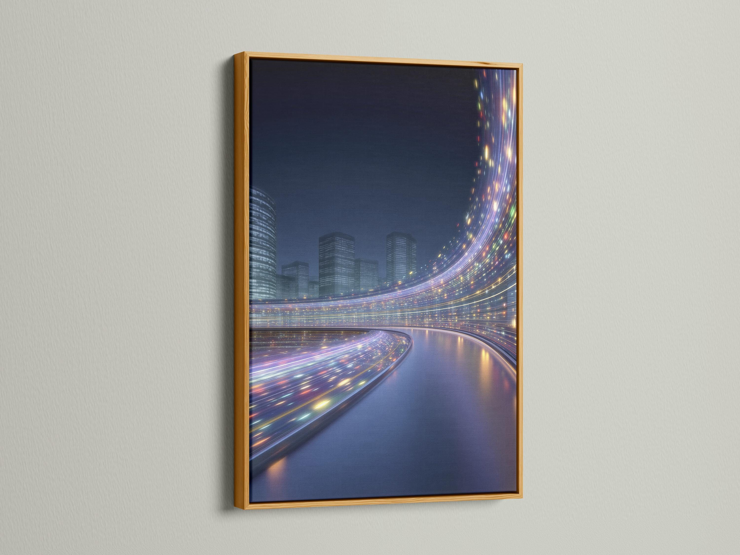 Night cityscape with high-rise buildings, a curving road, and glowing light trails detail view