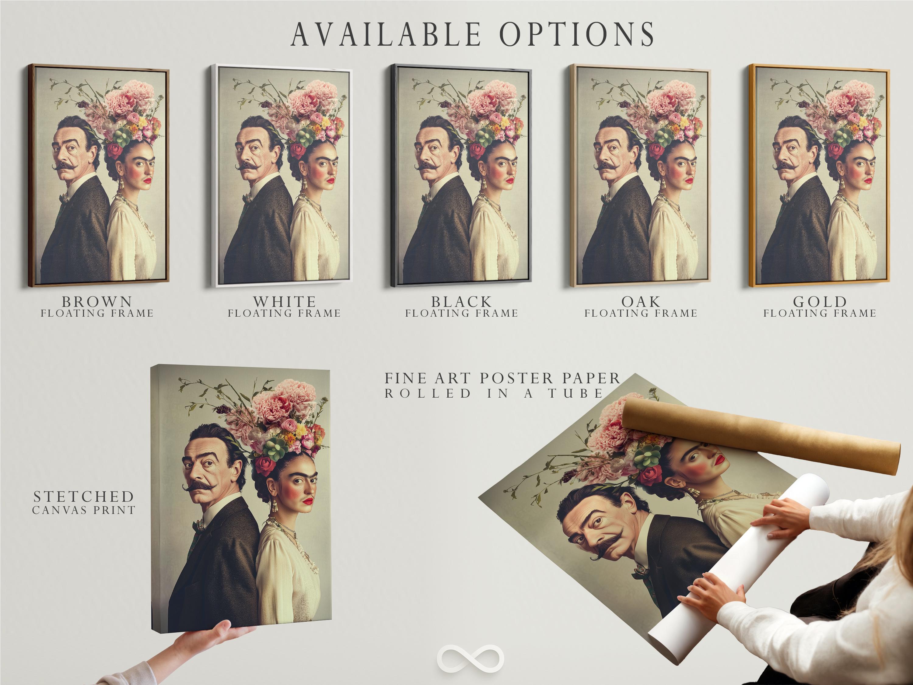 Mockup showing a framed couple portrait artwork with a floral head crown
