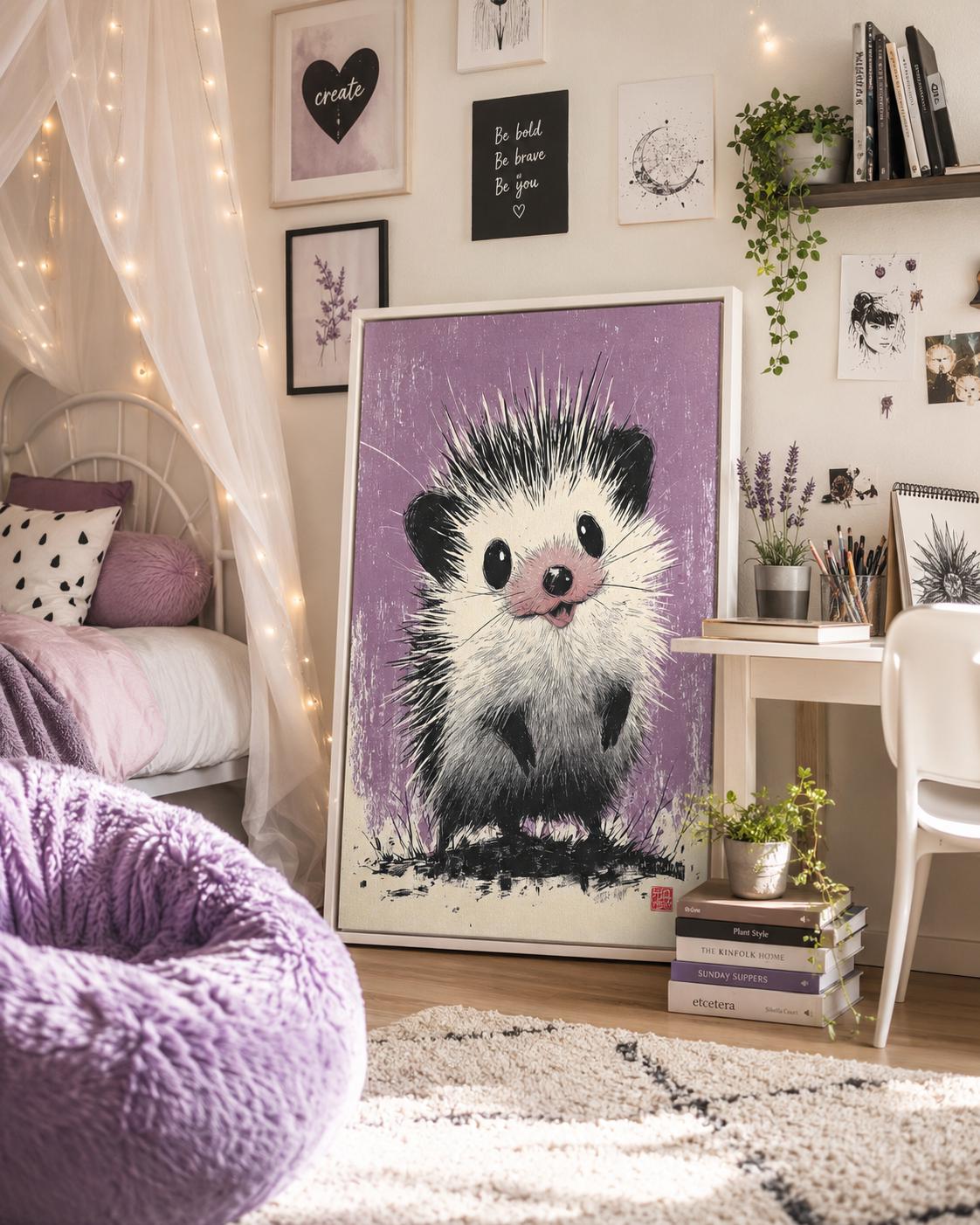 Hedgehog illustration in black and white on a textured lilac-purple background detail view