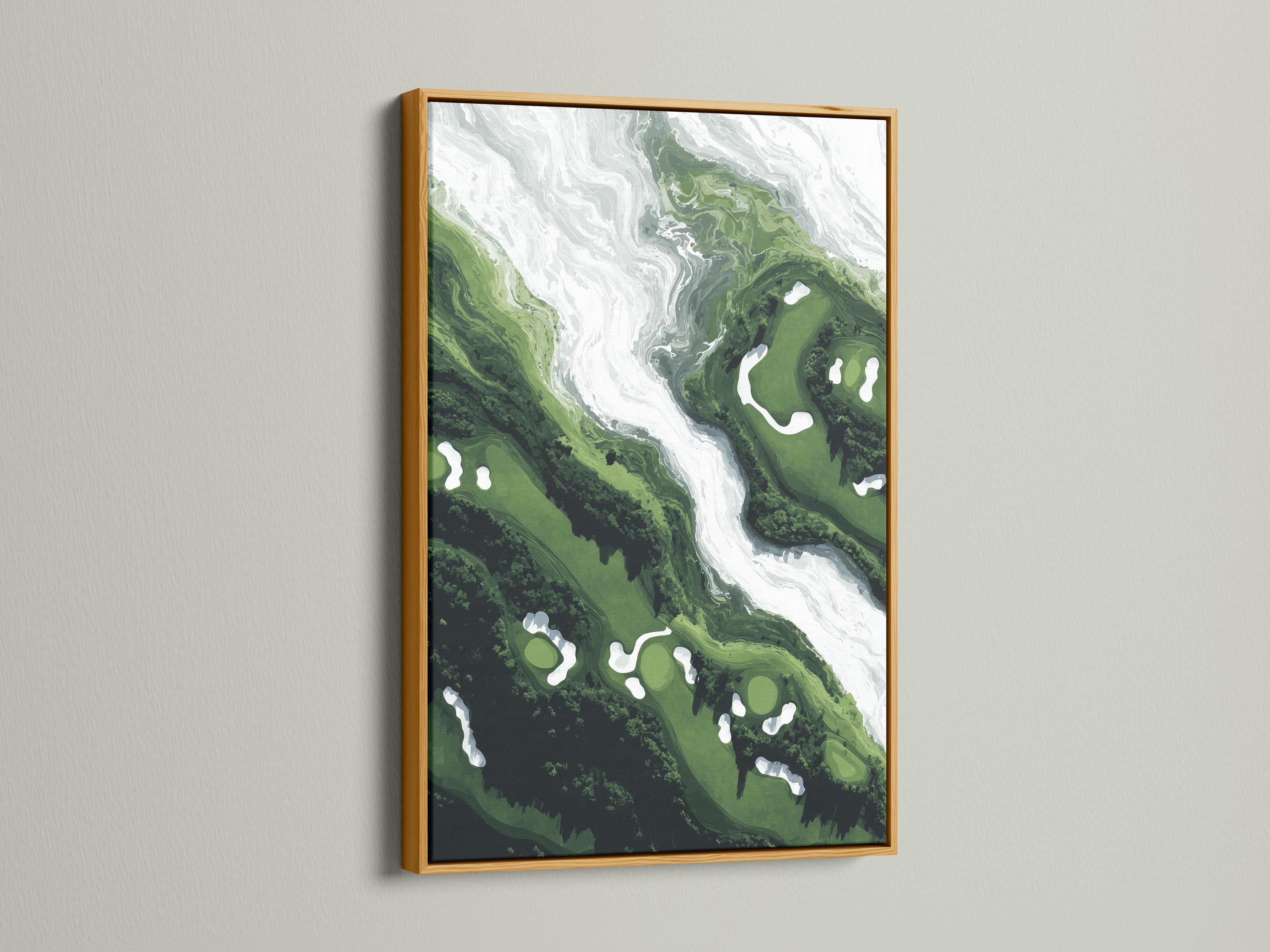 Green and white semi-abstract aerial landscape with a winding pale channel through layered terrain detail view