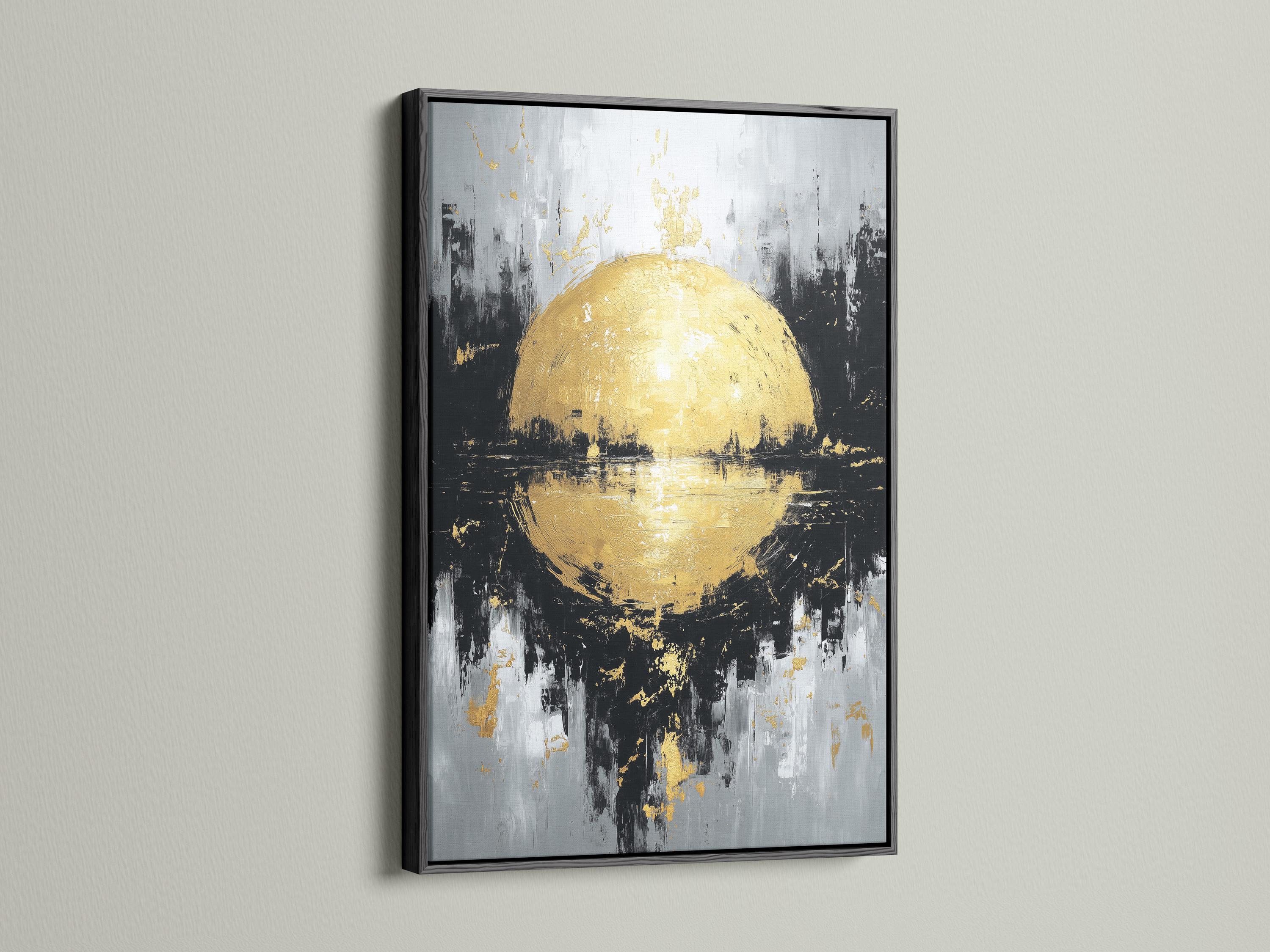 Gold sphere abstract wall art displayed in a framed mockup with surrounding layout options